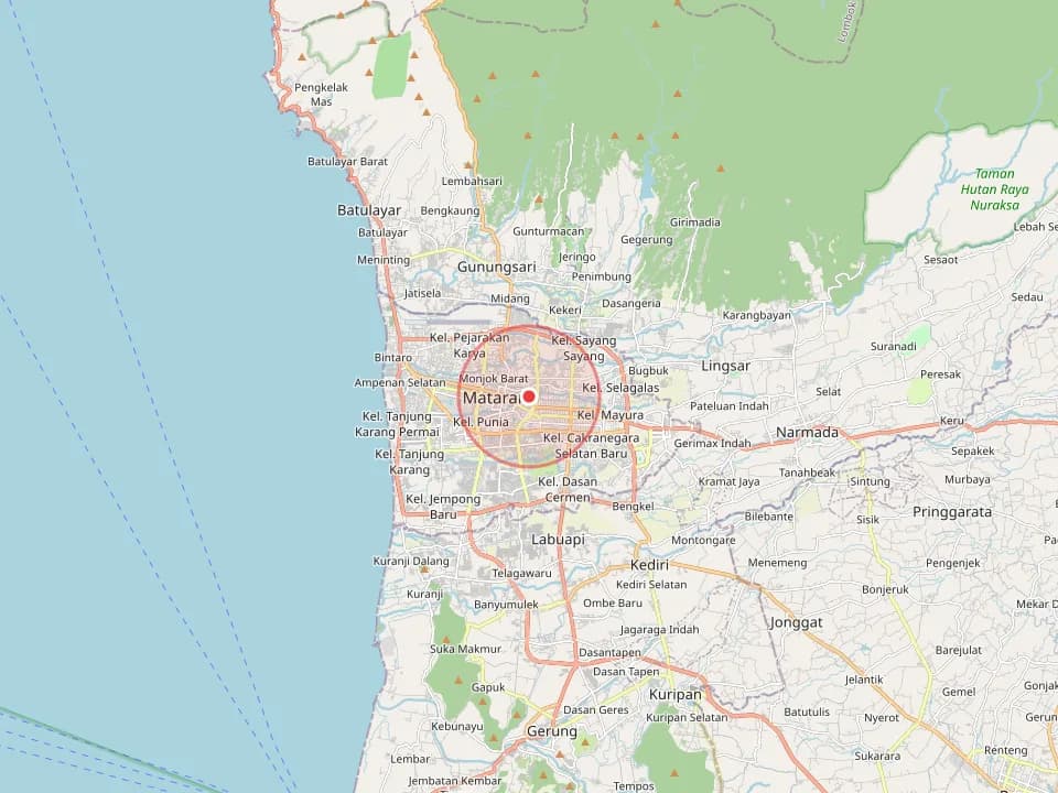 Map of the Mataram area; the red marker is the city centre