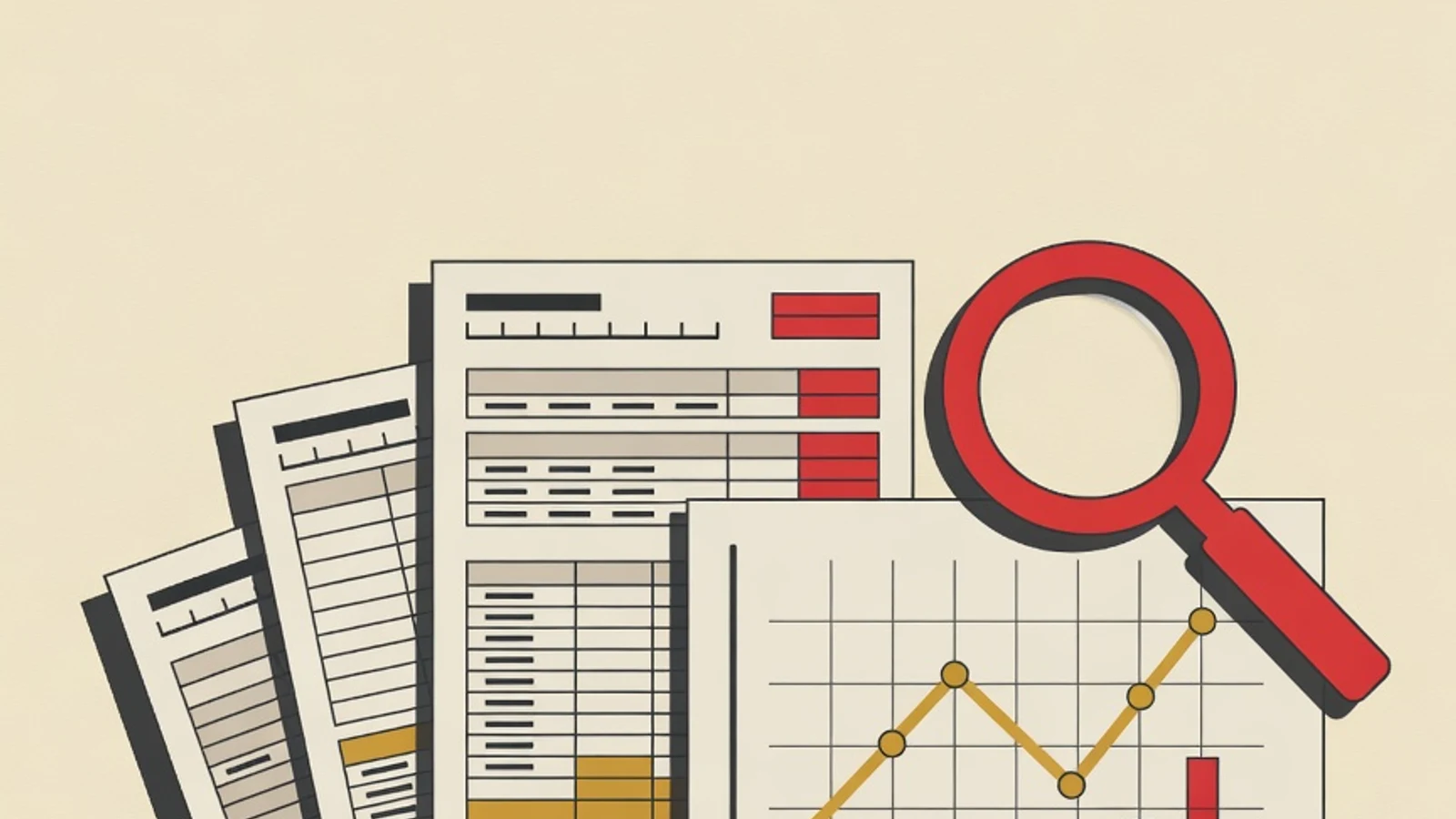Ilustrasi datar tiga lembar laporan keuangan bersanding dengan grafik garis, kaca pembesar, dan tumpukan koin sebagai lambang membaca laporan keuangan dasar