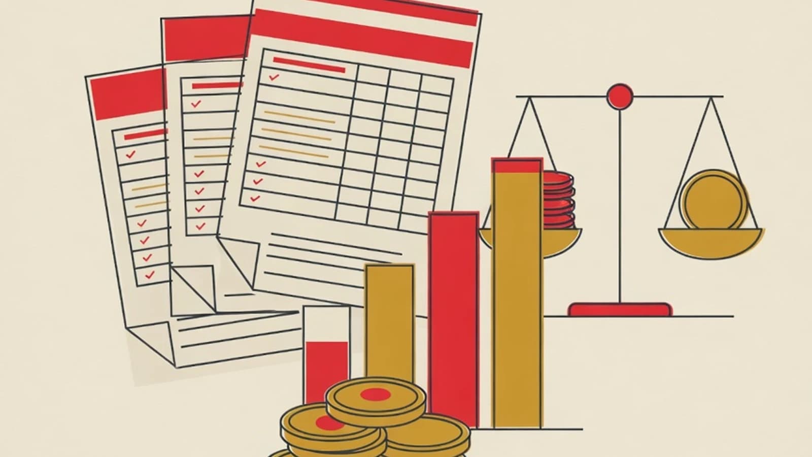 Flat illustration of four financial statement sheets, a rising bar chart, stacked coins, and a balance sheet document symbolising the preparation of financial statements