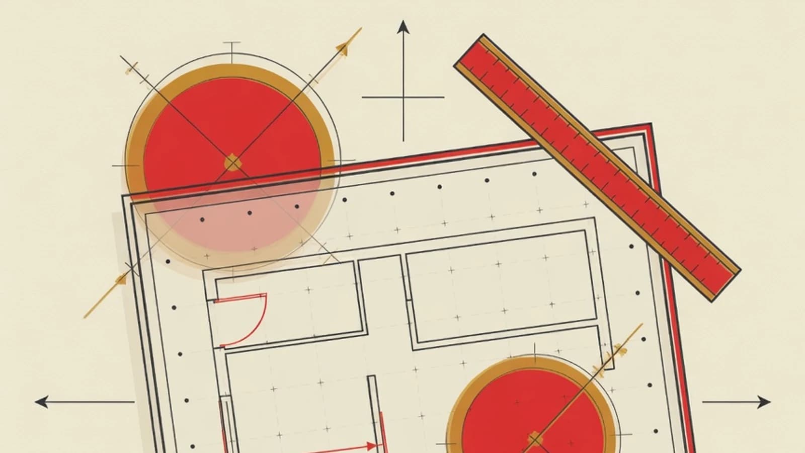 Illustration of an AutoCAD 2D drafting workspace with an orthographic grid, a floor-plan wireframe, circle and offset geometry, coordinate axes, and dimension markers