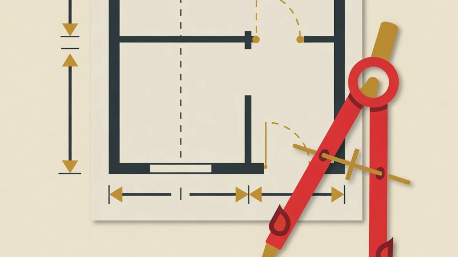 Vector illustration of a house floor plan with wall centerlines, a door swing arc symbol, dimension arrows, and a drafting compass