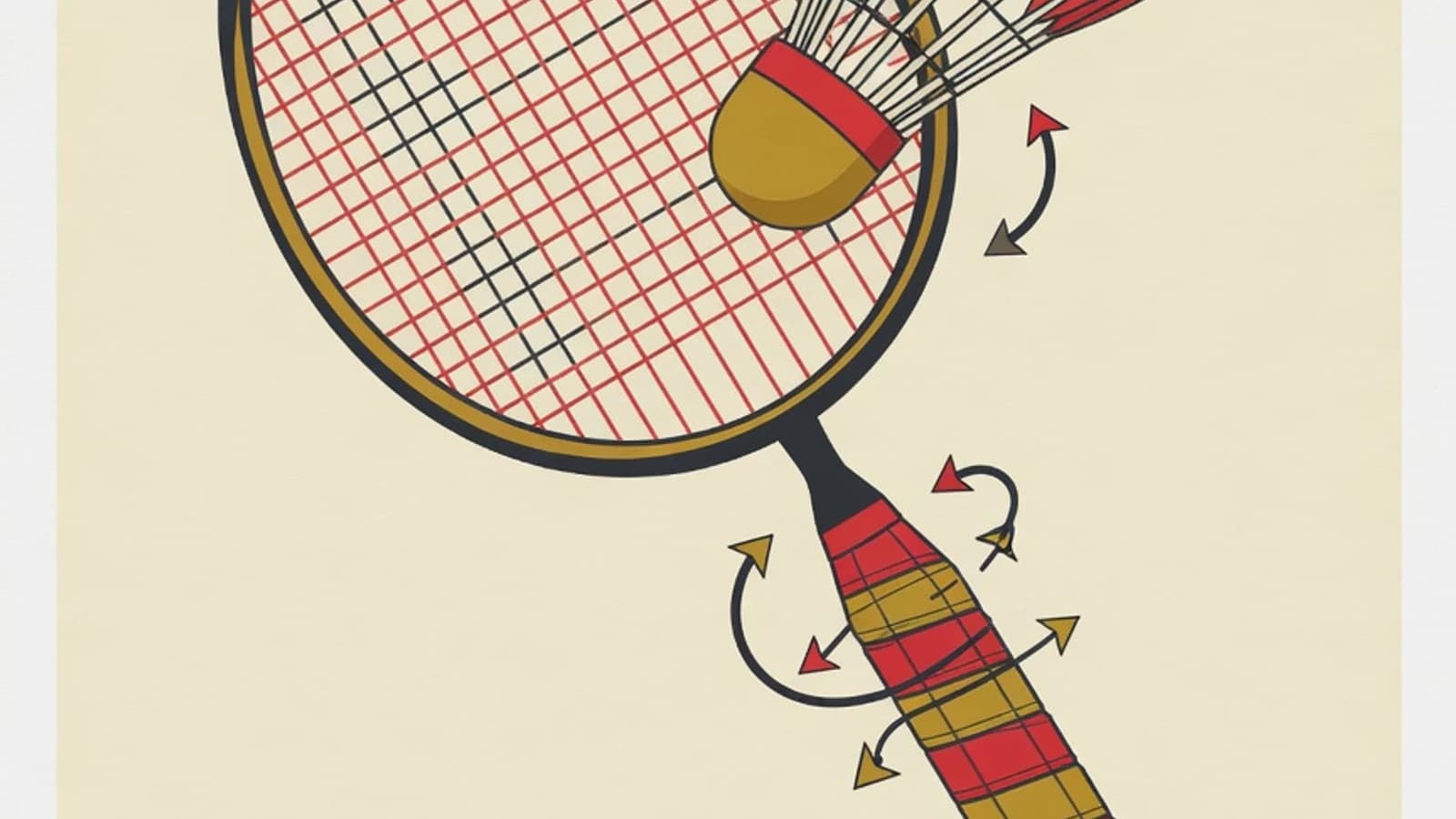Ilustrasi datar bergaya editorial gagang raket bulutangkis, shuttlecock, dan permukaan senar dengan aksen merah dan mustard di atas latar krem