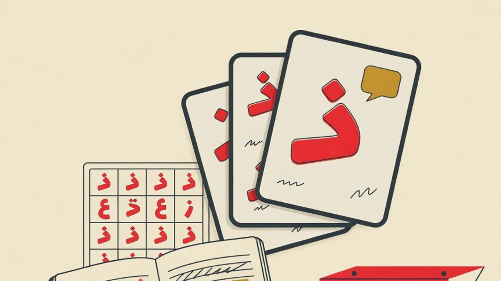 Illustration of a hijaiyah alphabet chart, stacked vocabulary cards, an open notebook, and a five-step staircase in EduPoint editorial vector style