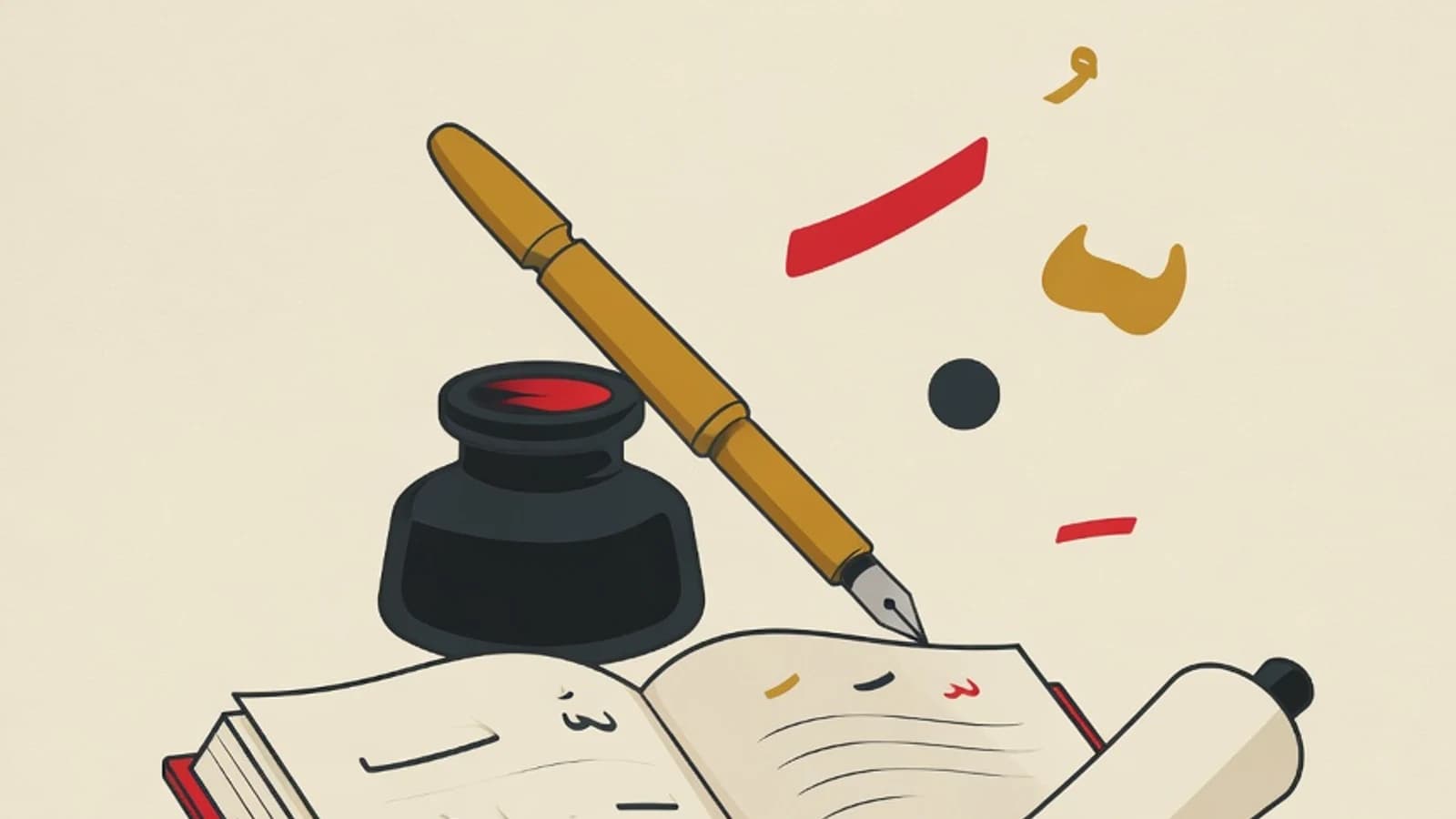 Flat illustration of an open classical book, a reed pen resting on an inkwell, a folded scroll, and small diacritic-mark symbols in the EduPoint brand palette