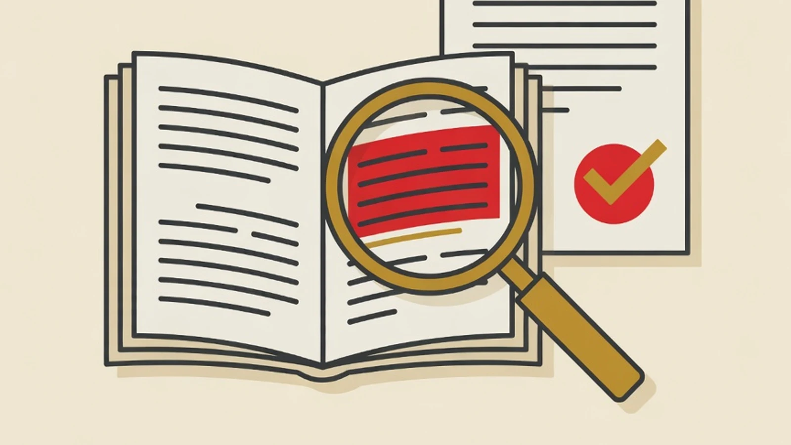 Flat illustration of an open book with a highlighted paragraph, a magnifying glass over lines of text, and a document with a checkmark