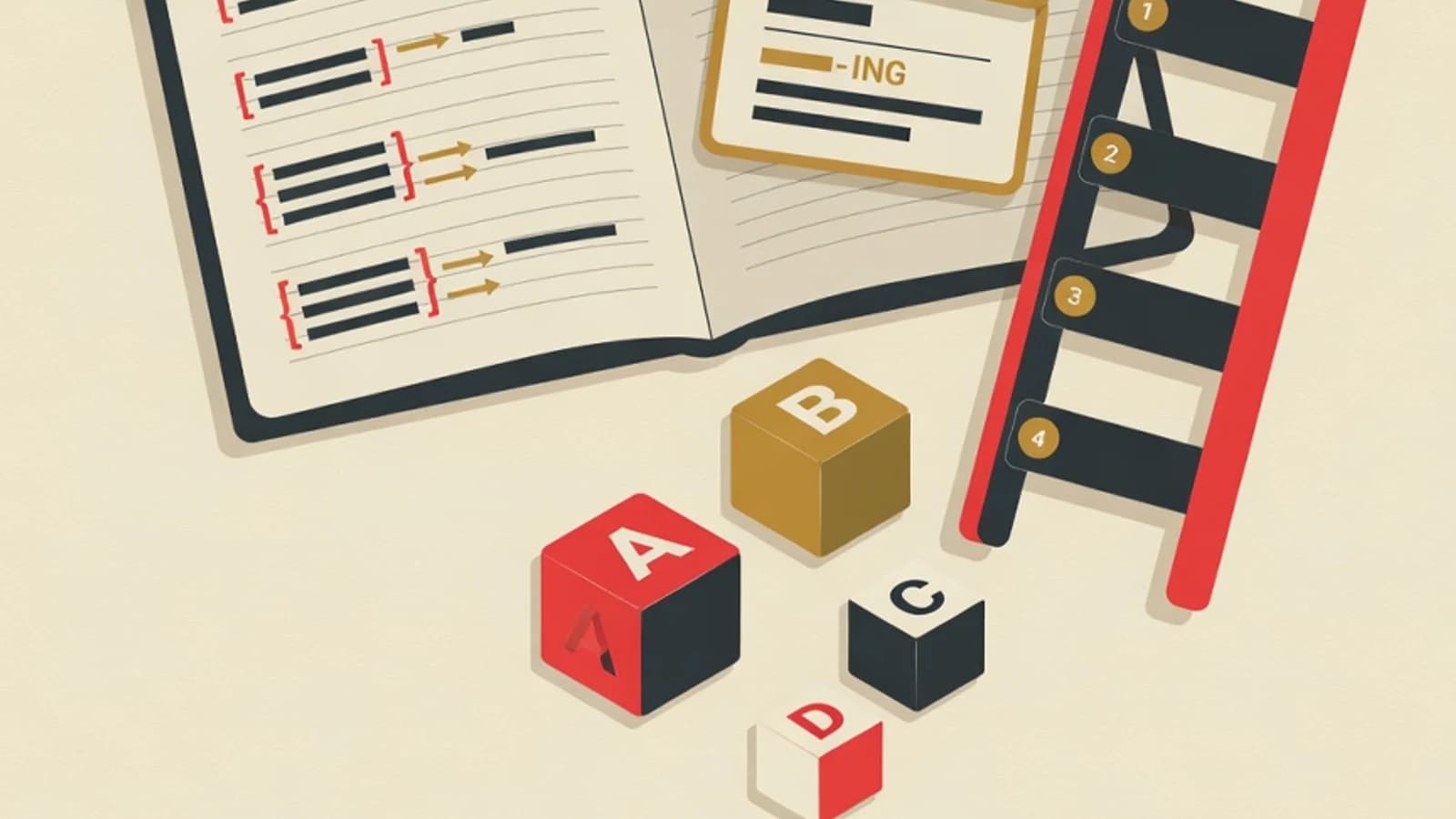 Editorial illustration of sentence patterns, tenses, and practice cards for learning English grammar as a beginner