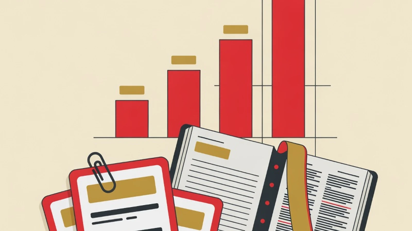 Flat editorial illustration of stacked vocabulary flashcards, an open pocket dictionary, and a rising bar chart of word counts in the EduPoint brand palette