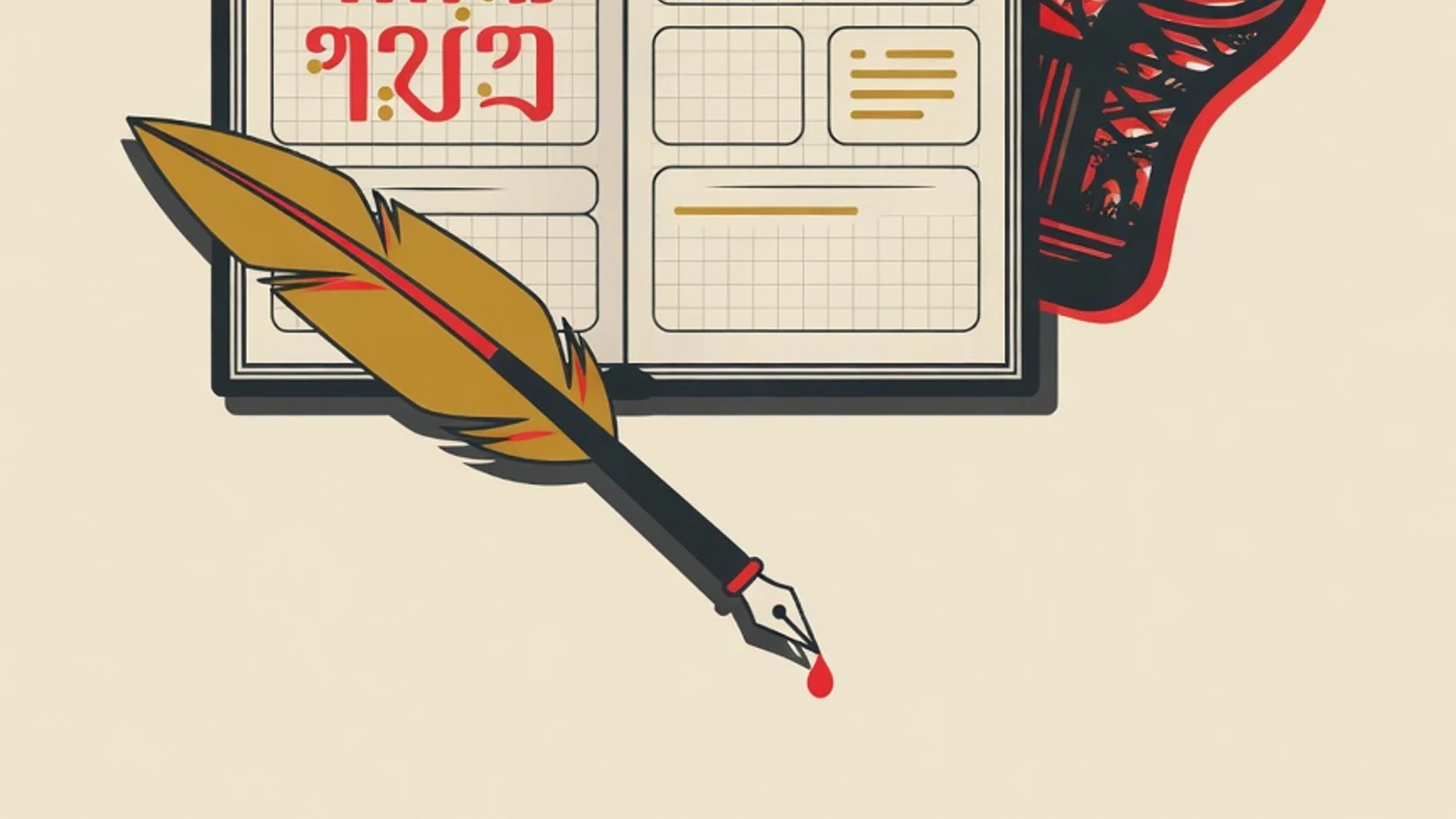 Flat illustration of Javanese script, a vocabulary notebook, and a wayang gunungan as symbols of learning Javanese for beginners