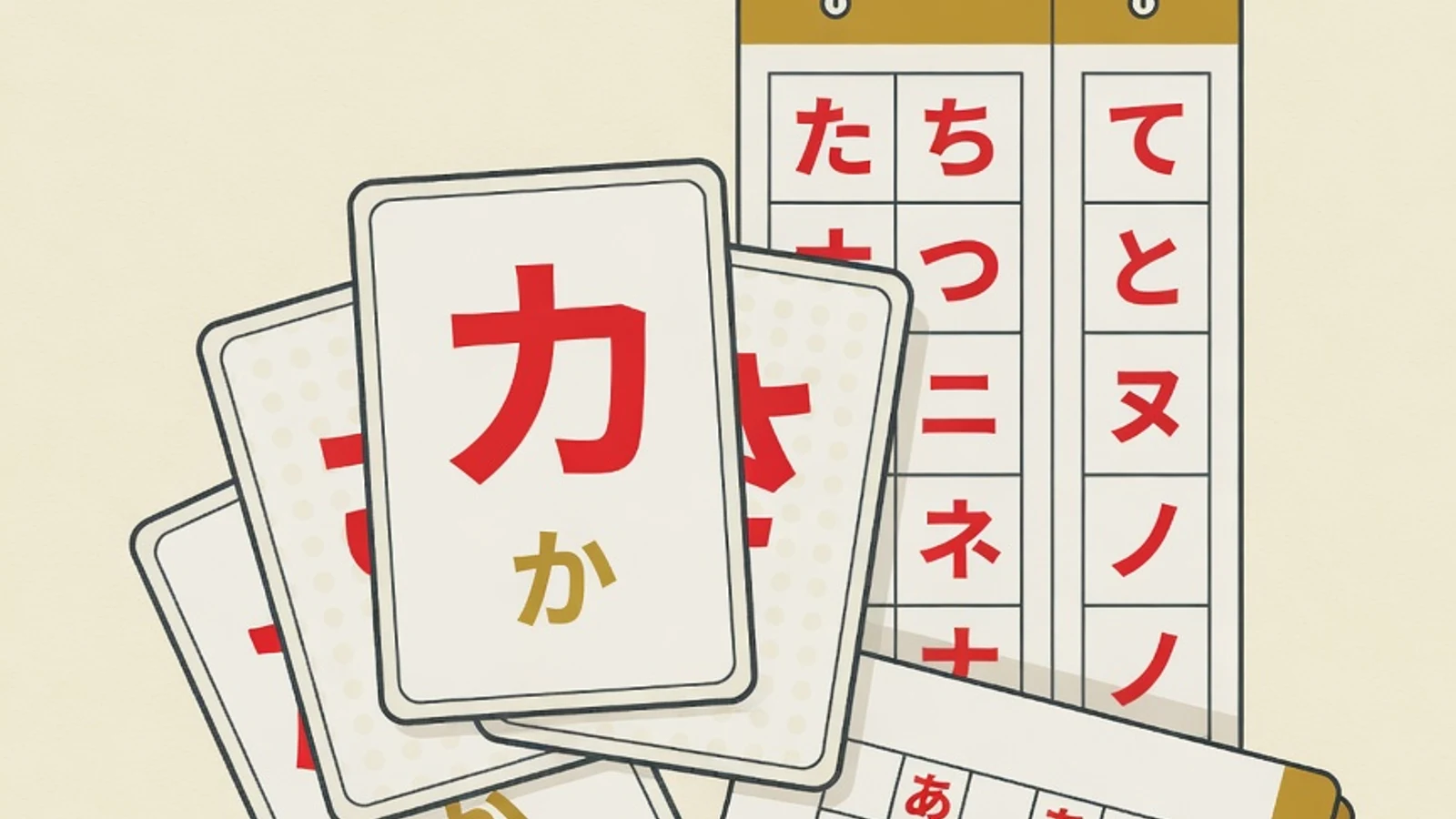 Flat illustration of hiragana flashcards, a grid notebook, a pencil, and a kana syllabary chart on the EduPoint cream brand background