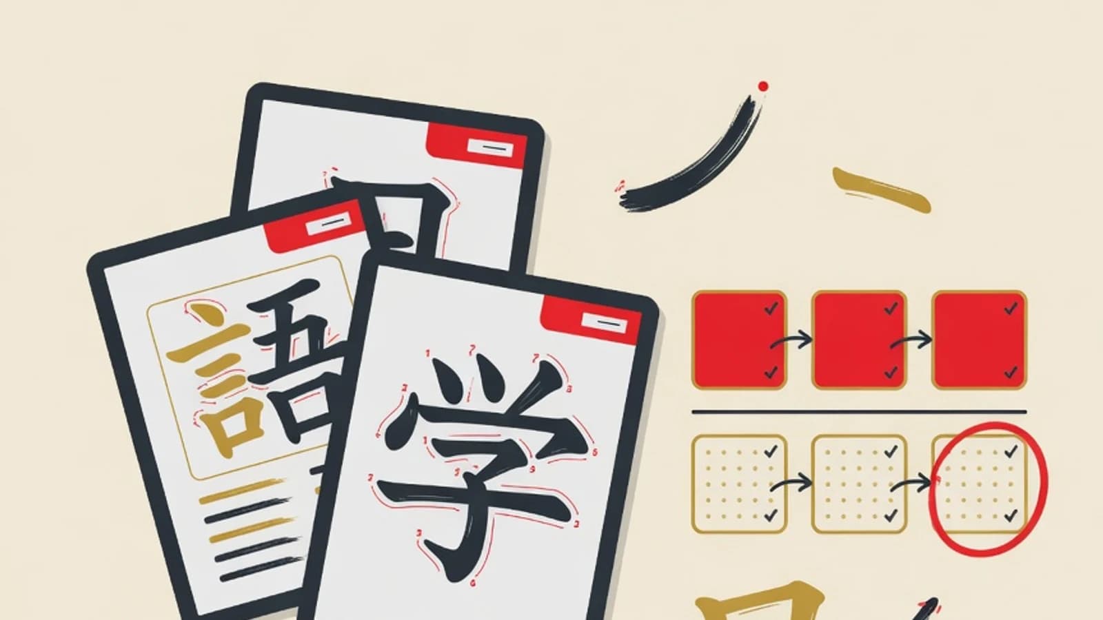 Ilustrasi editorial komponen kanji, kartu hafalan, dan siklus pengulangan berjarak untuk pemula jenjang N5