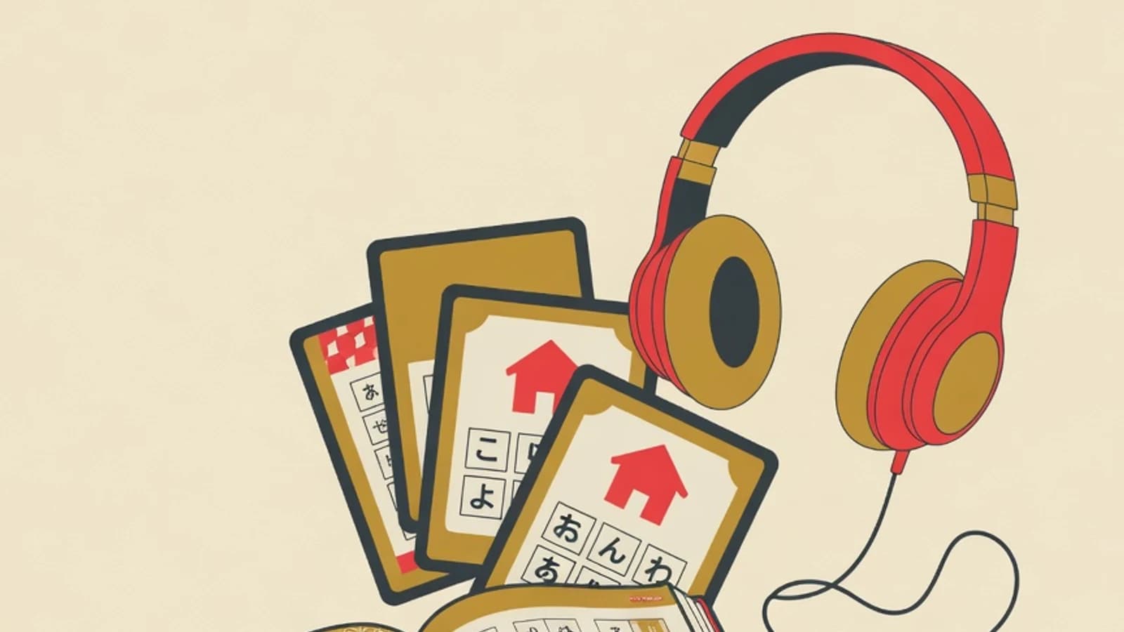 Flat illustration of a Japanese textbook, a stack of kana flashcards, and headphones for listening practice on the EduPoint cream brand background