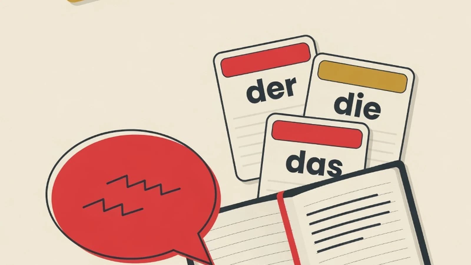 Flat illustration of umlaut and eszett letter tiles, three colour-coded article cards labelled der die das, and an open notebook with simple German sentence lines on the EduPoint cream brand background