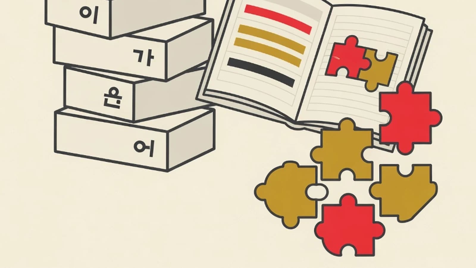 Editorial illustration of Korean grammar blocks assembling into a sentence with a word-order arrow and an open study notebook