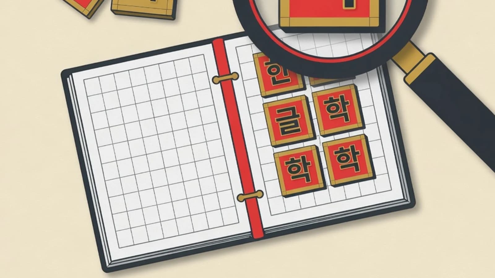 Flat illustration of Hangul letter tiles, stacked syllable blocks, a grid practice notebook, and a magnifying lens over a single character on the EduPoint cream brand background