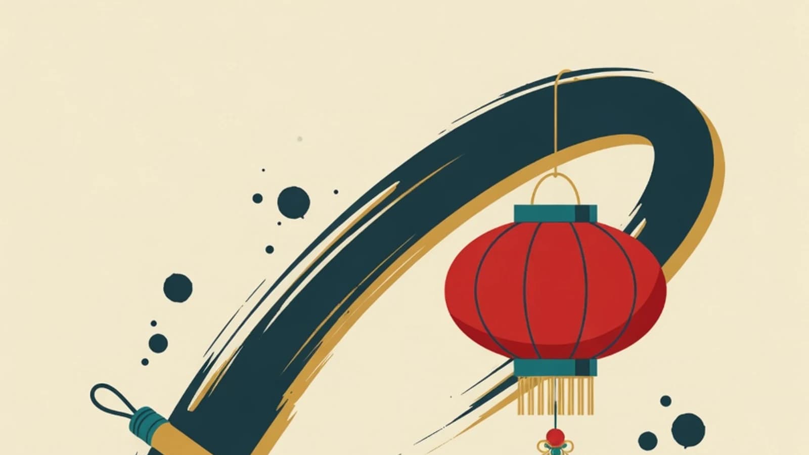 Flat editorial illustration: a sweeping calligraphy brushstroke, a red paper lantern with a tassel, and scattered ink dots in the brand palette