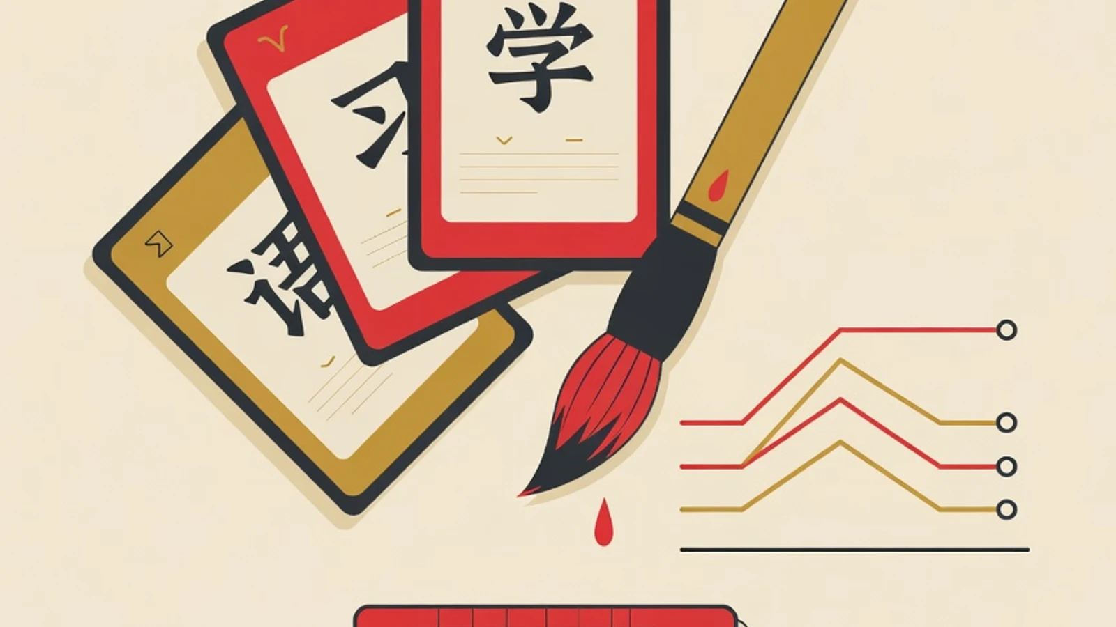 Flat illustration of Hanzi flashcards, a calligraphy brush, and a four-tone line diagram in the EduPoint brand palette