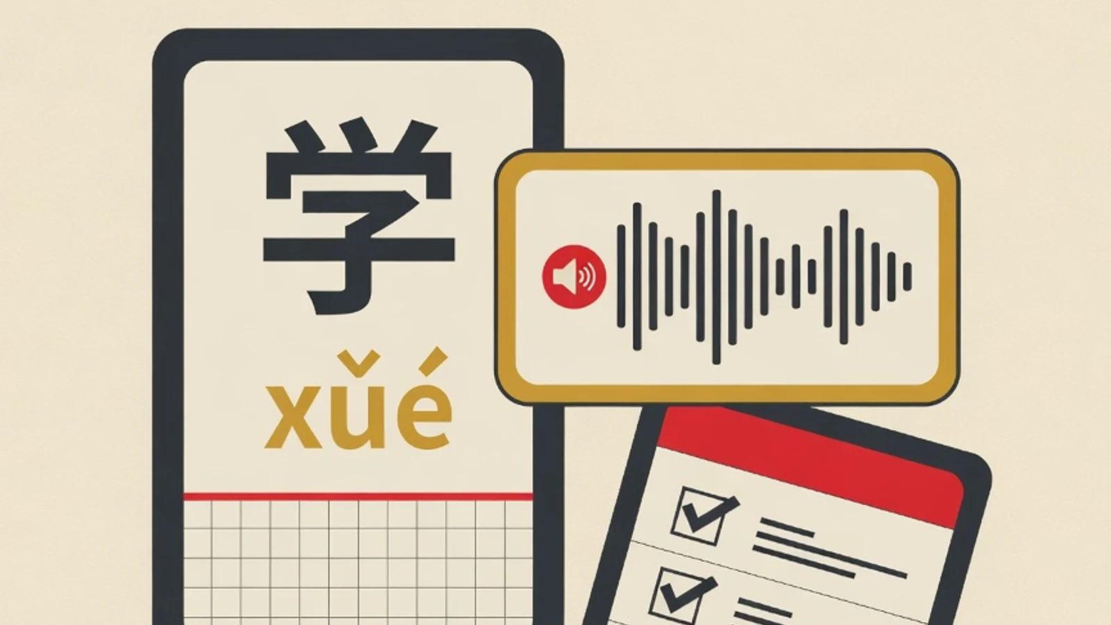Flat illustration of Hanzi vocabulary cards with pinyin, a listening audio waveform, and an HSK 1 answer sheet with check marks