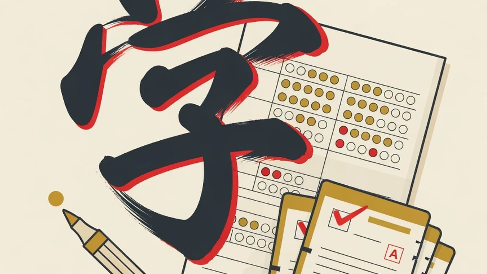 Flat illustration of a brushstroke Hanzi character, a bubbled exam answer sheet, level cards, and a brush pen for HSK exam preparation