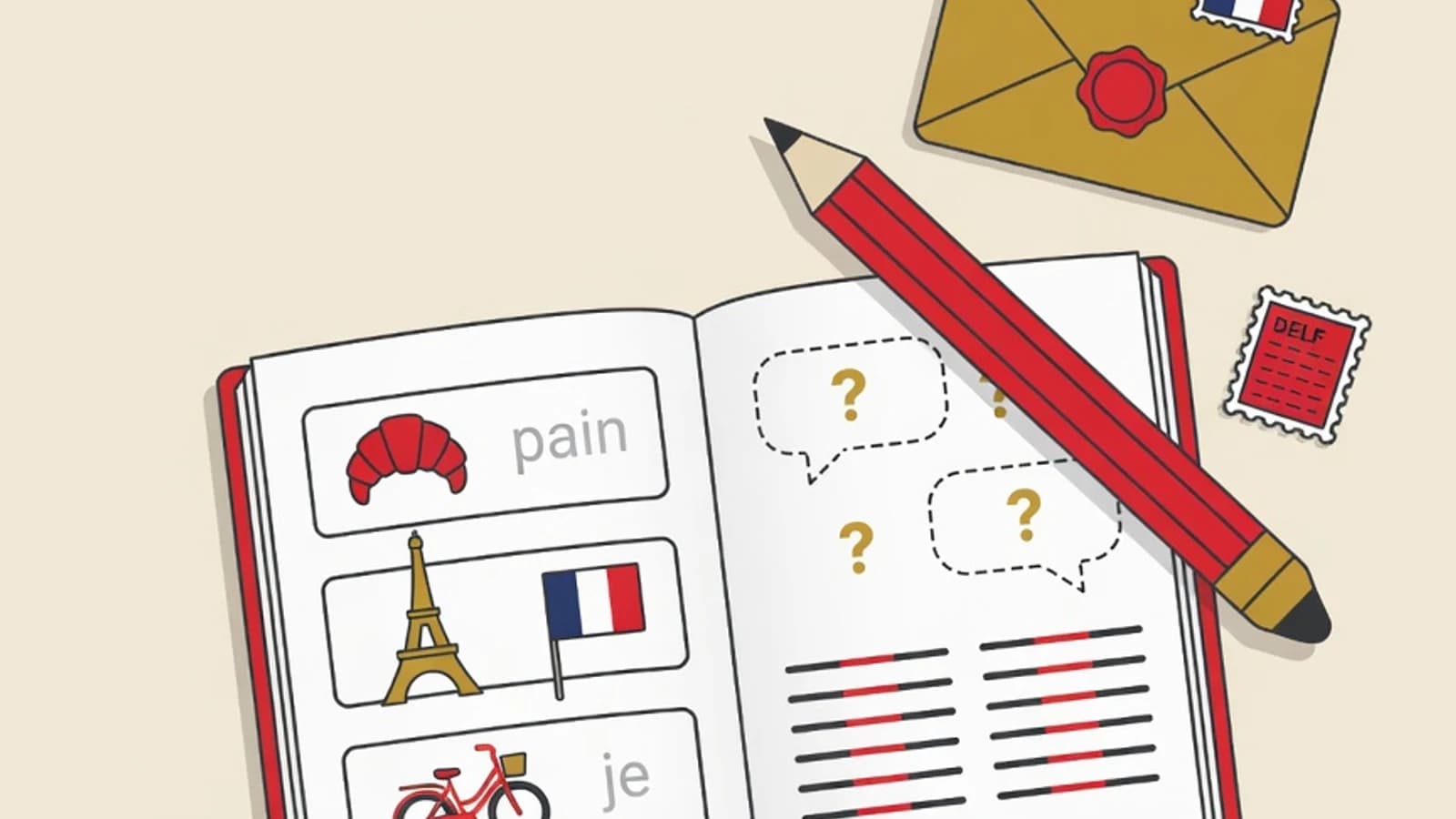 Indonesian student practising DELF French exam questions at a study desk