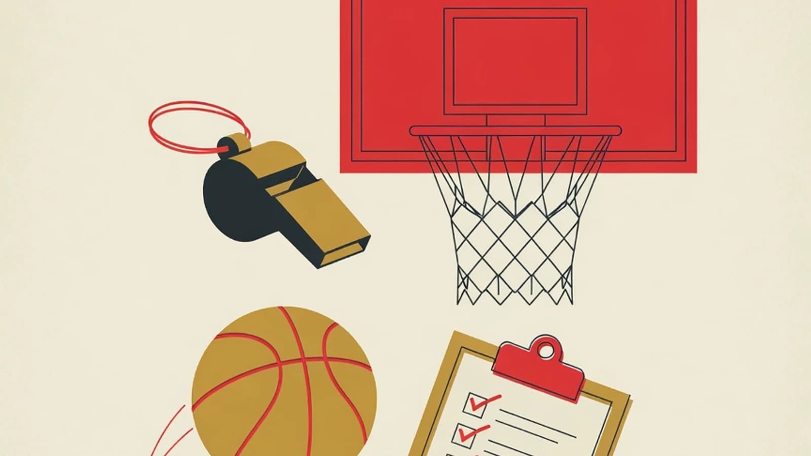 Flat illustration of a basketball hoop, bouncing ball, whistle, and a checklist board in EduPoint brand colours