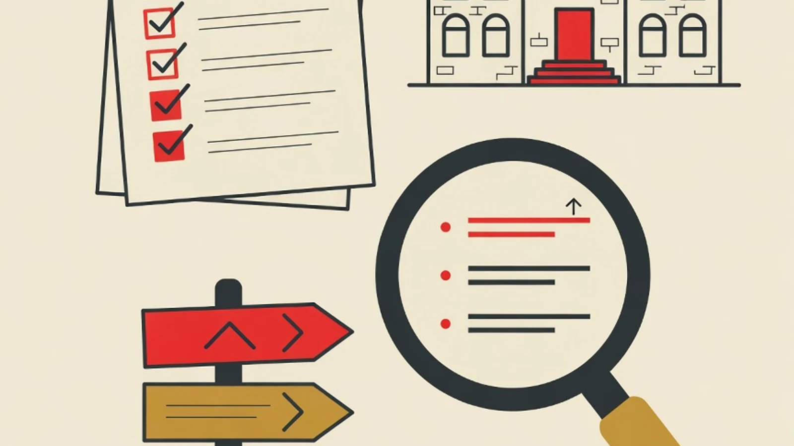 Flat EduPoint brand illustration of a shortlist checklist document, a campus building icon, a directional signpost, and a magnifying glass over a ranked list