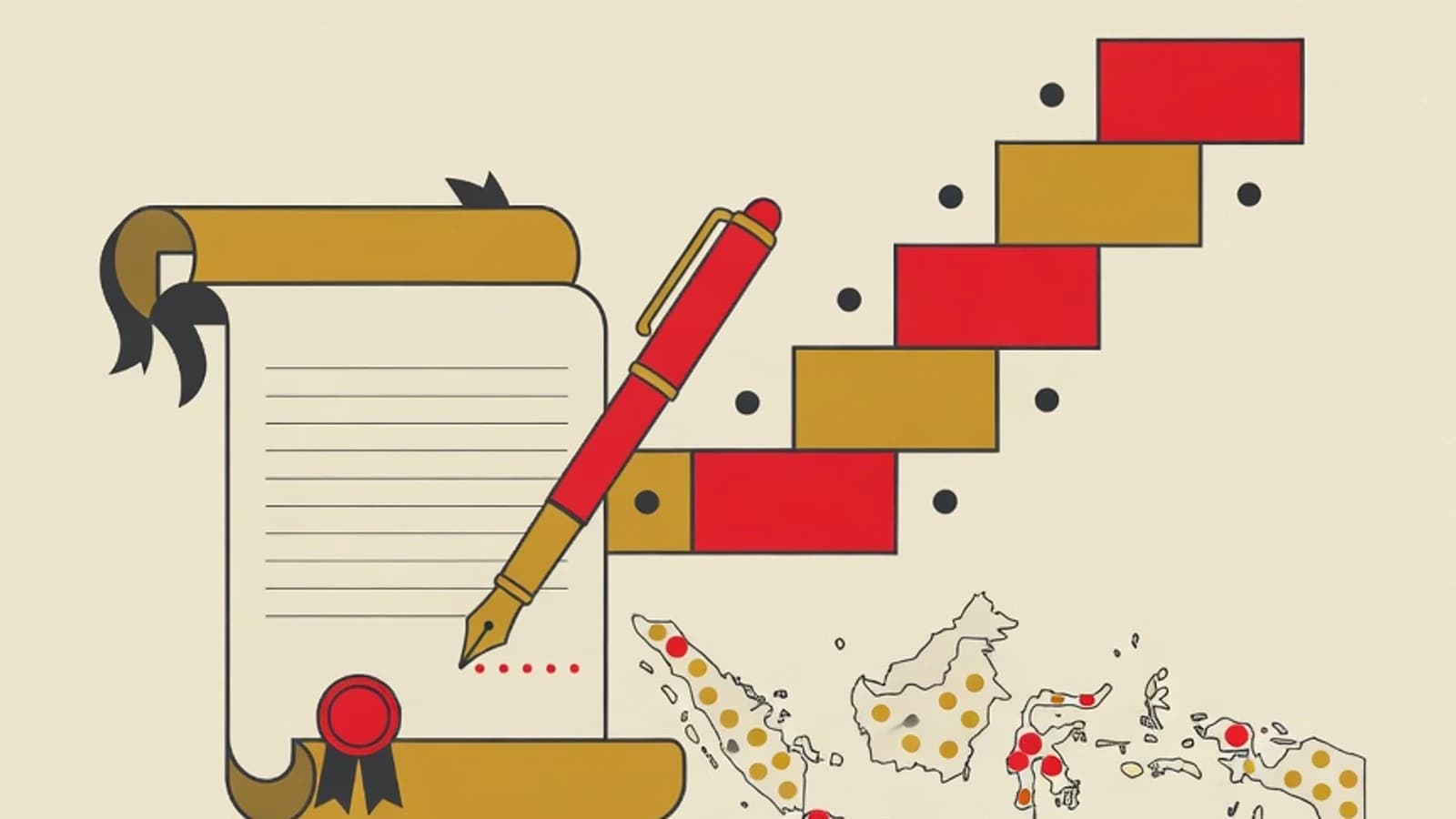Editorial illustration of a document scroll, pen, an ascending step chart, and archipelago map dots symbolizing writing an LPDP scholarship essay