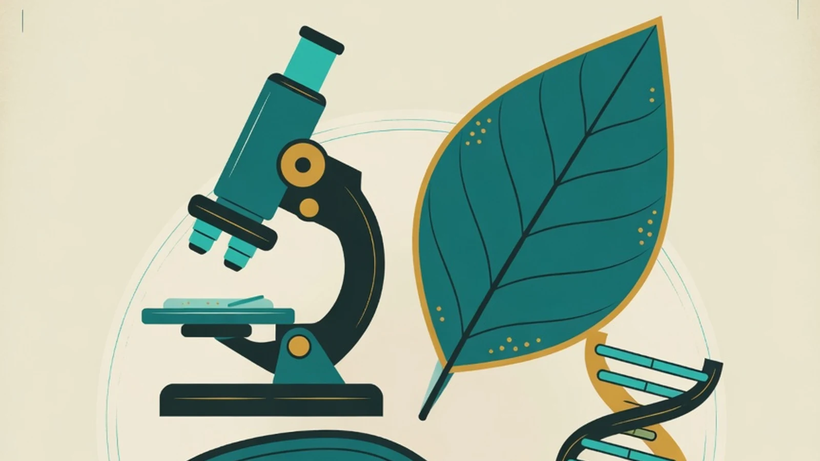 Ilustrasi datar sel tumbuhan berkloroplas, daun, untai ganda DNA, dan mikroskop dalam warna teal, krem, dan kuning