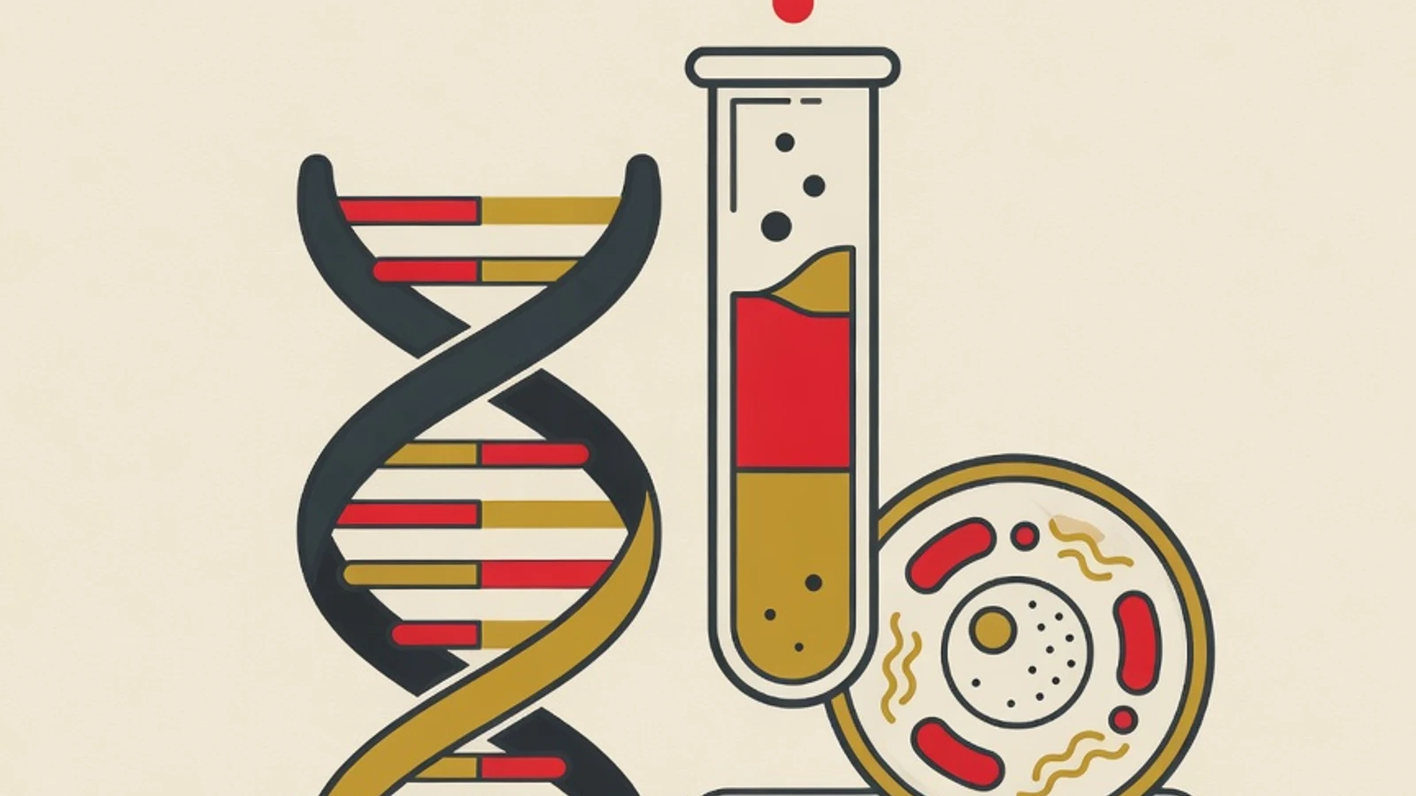 Ilustrasi datar untai DNA heliks ganda, tabung reaksi, dan grafik hasil percobaan dalam warna merah, kuning, dan krem