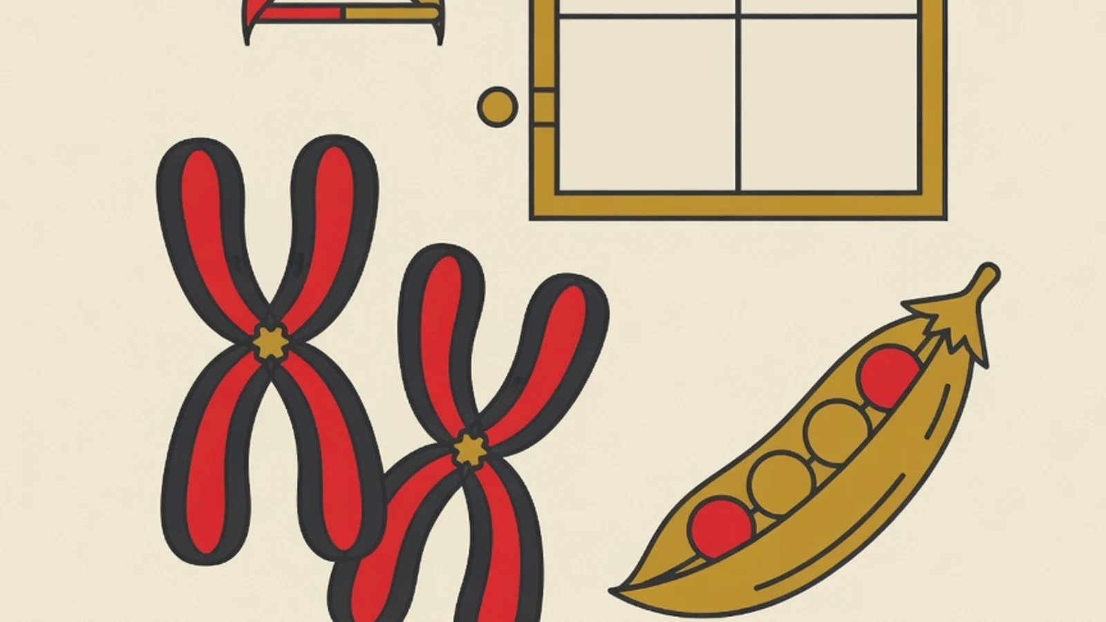 Ilustrasi datar untai ganda DNA, papan Punnett kotak empat, pasangan kromosom, dan polong kacang ercis berbiji dalam warna merah, kuning, krem, dan ink