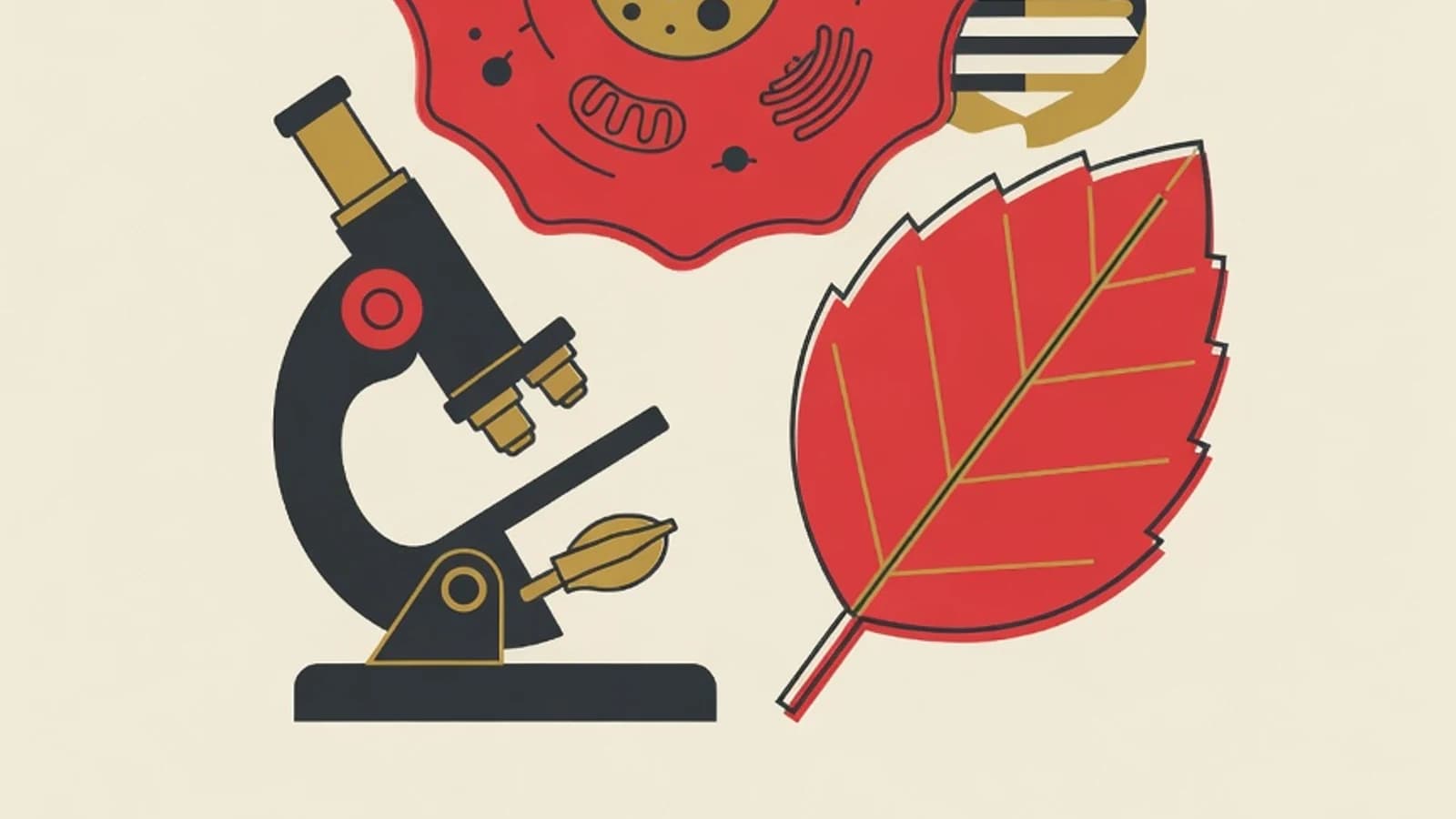 Flat illustration of learning the human body systems: cell diagram, DNA helix, leaf, and microscope