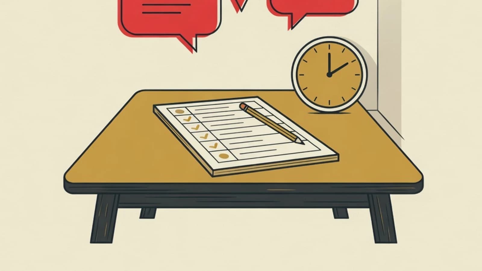 Editorial vector illustration: a meeting table with speech-bubble icons, an agenda notepad, and a wall clock