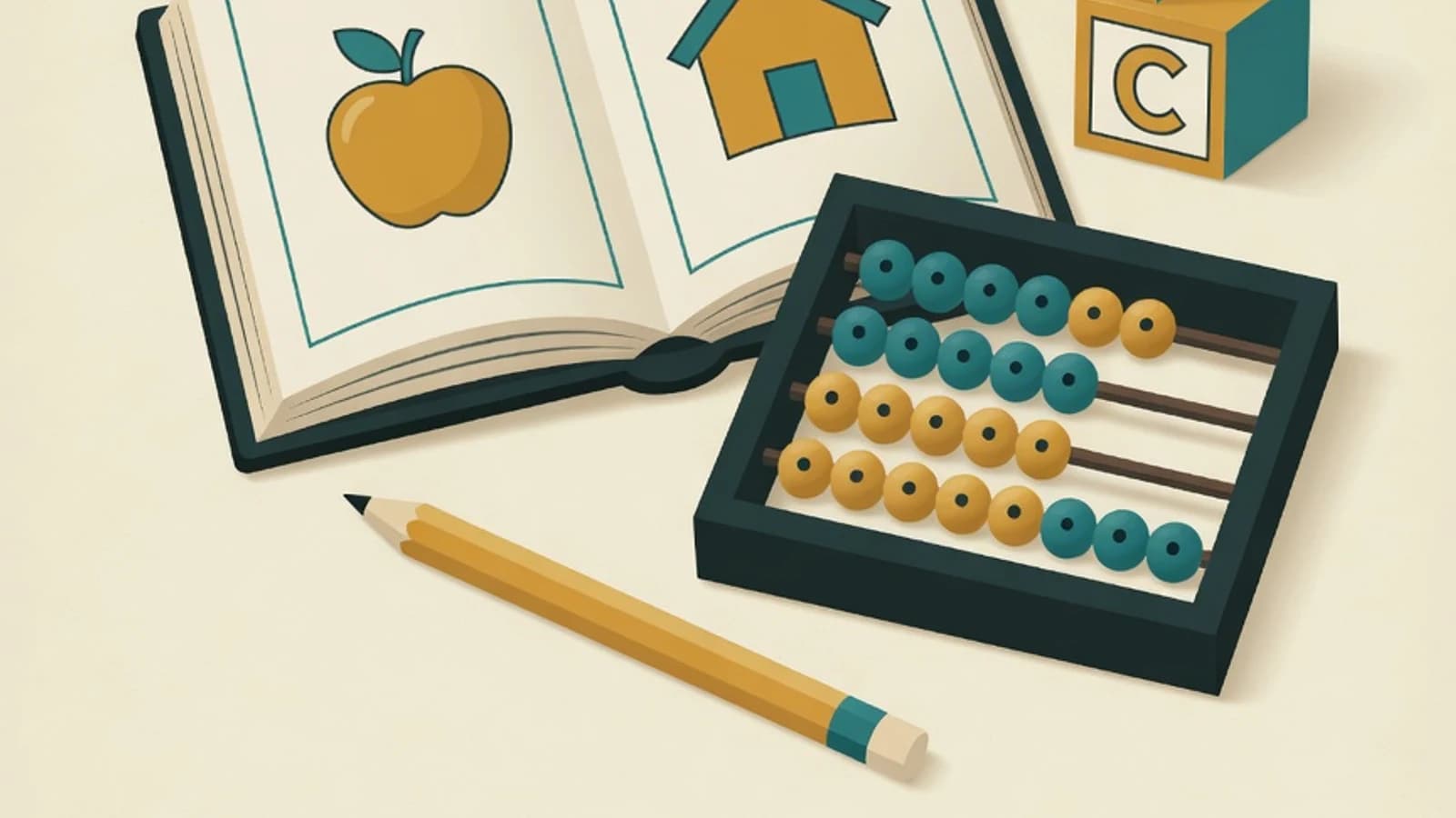 Flat illustration of an open picture book, an abacus with colored beads, a pencil, and an alphabet block for teaching children to read, write, and count