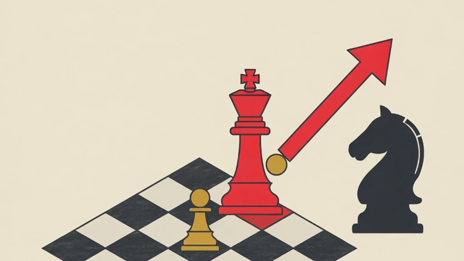 Editorial illustration of a chess board with king, pawn, and knight pieces marking the three game phases