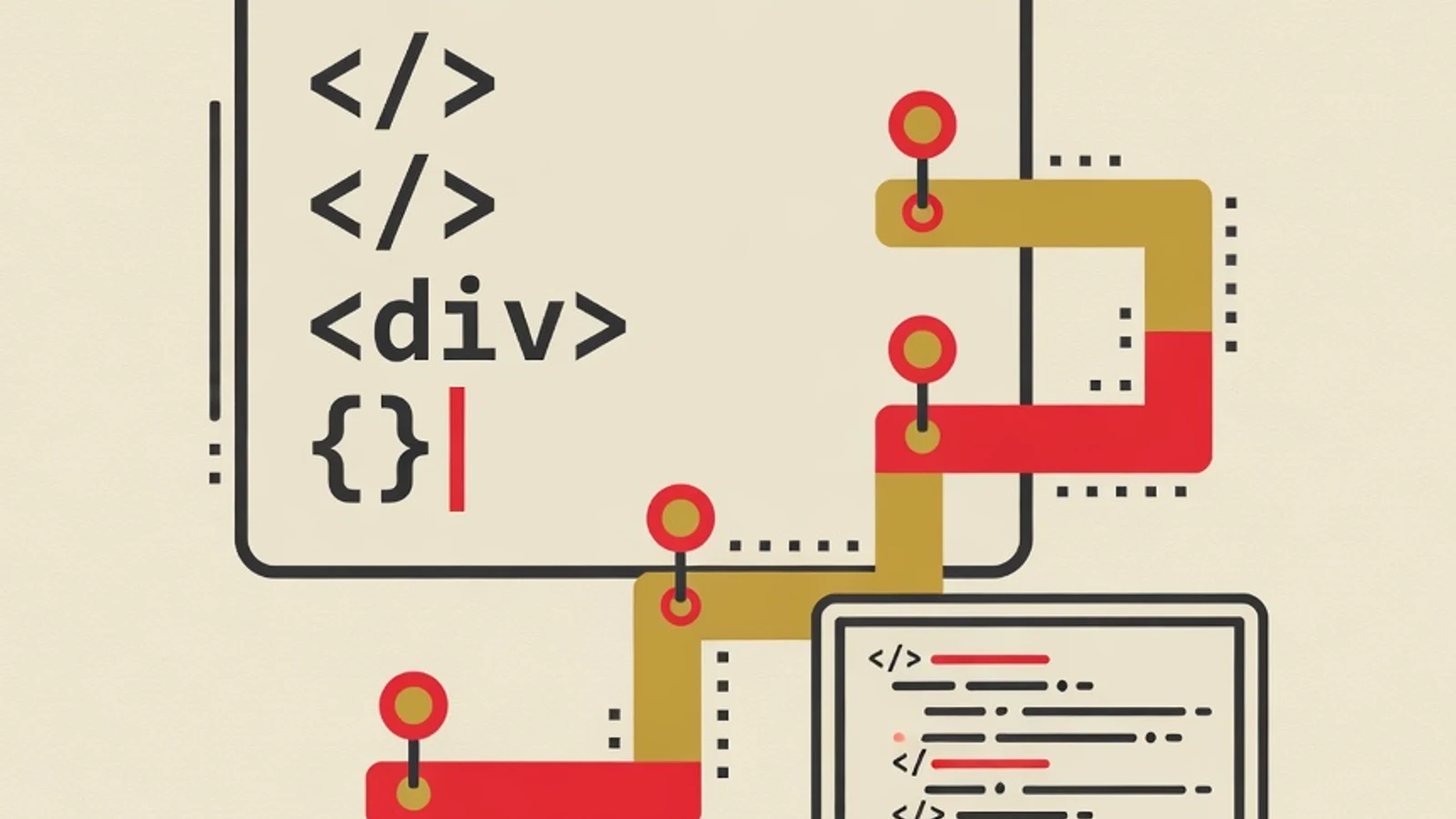 Editorial illustration of a terminal window, code brackets, and a tiered coding learning roadmap path