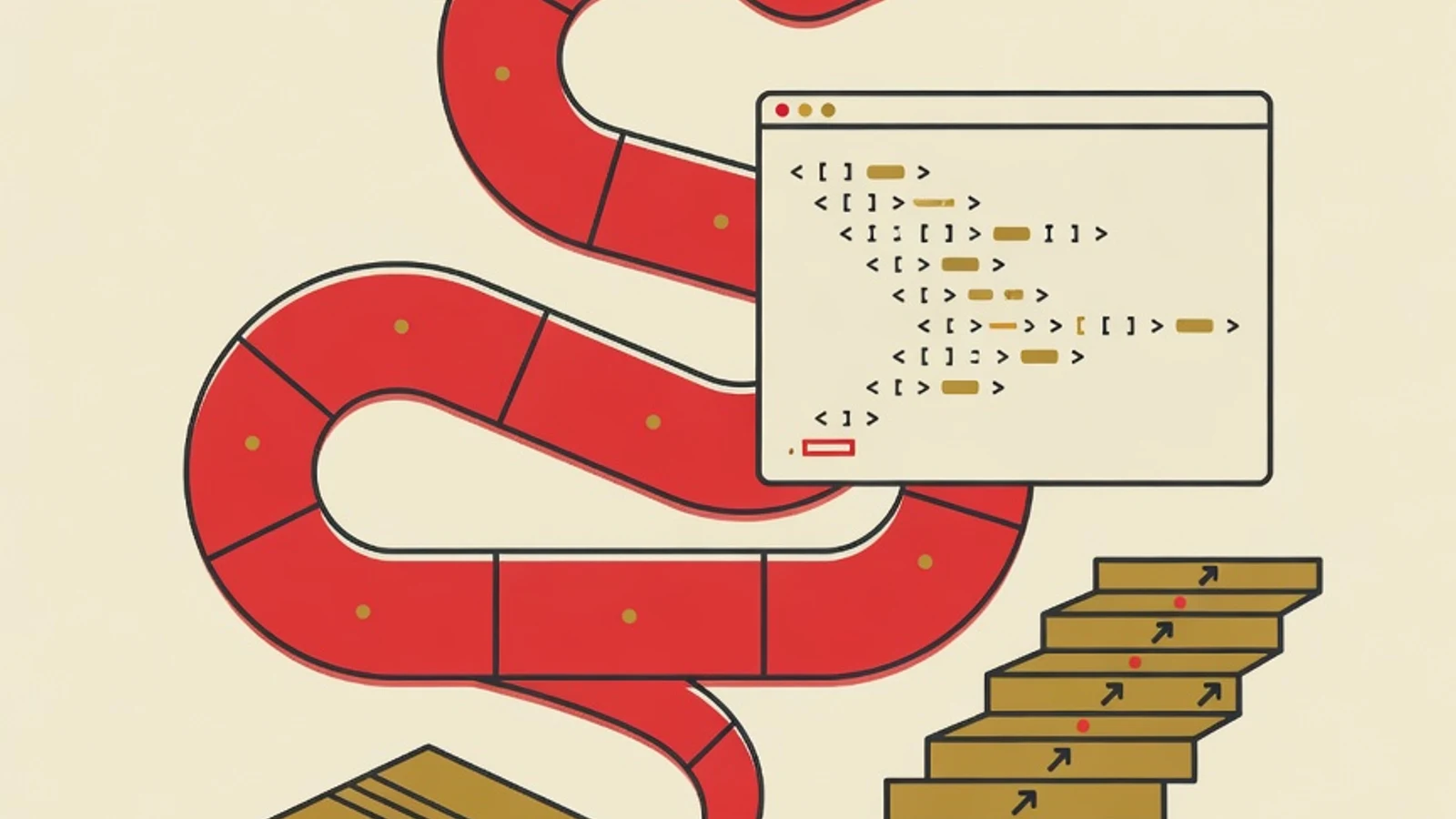 Editorial illustration of a stylized Python snake logo, a terminal window with code lines, and a stepped roadmap staircase