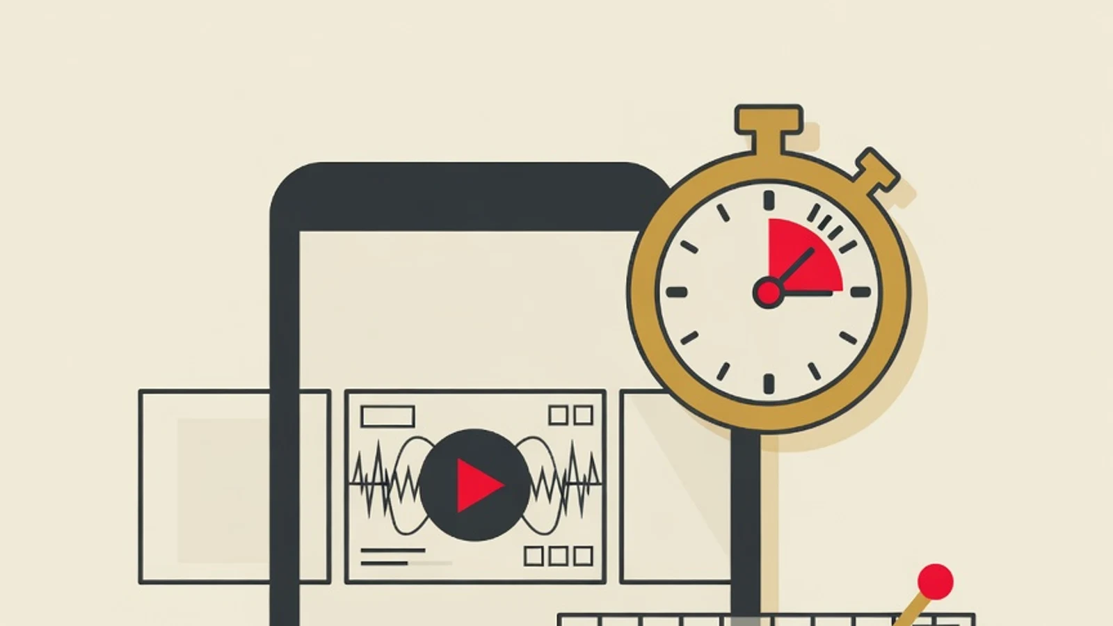 Flat editorial vector illustration: a phone screen showing a video storyboard frame, a play button, a three-second stopwatch, and a rising retention graph line