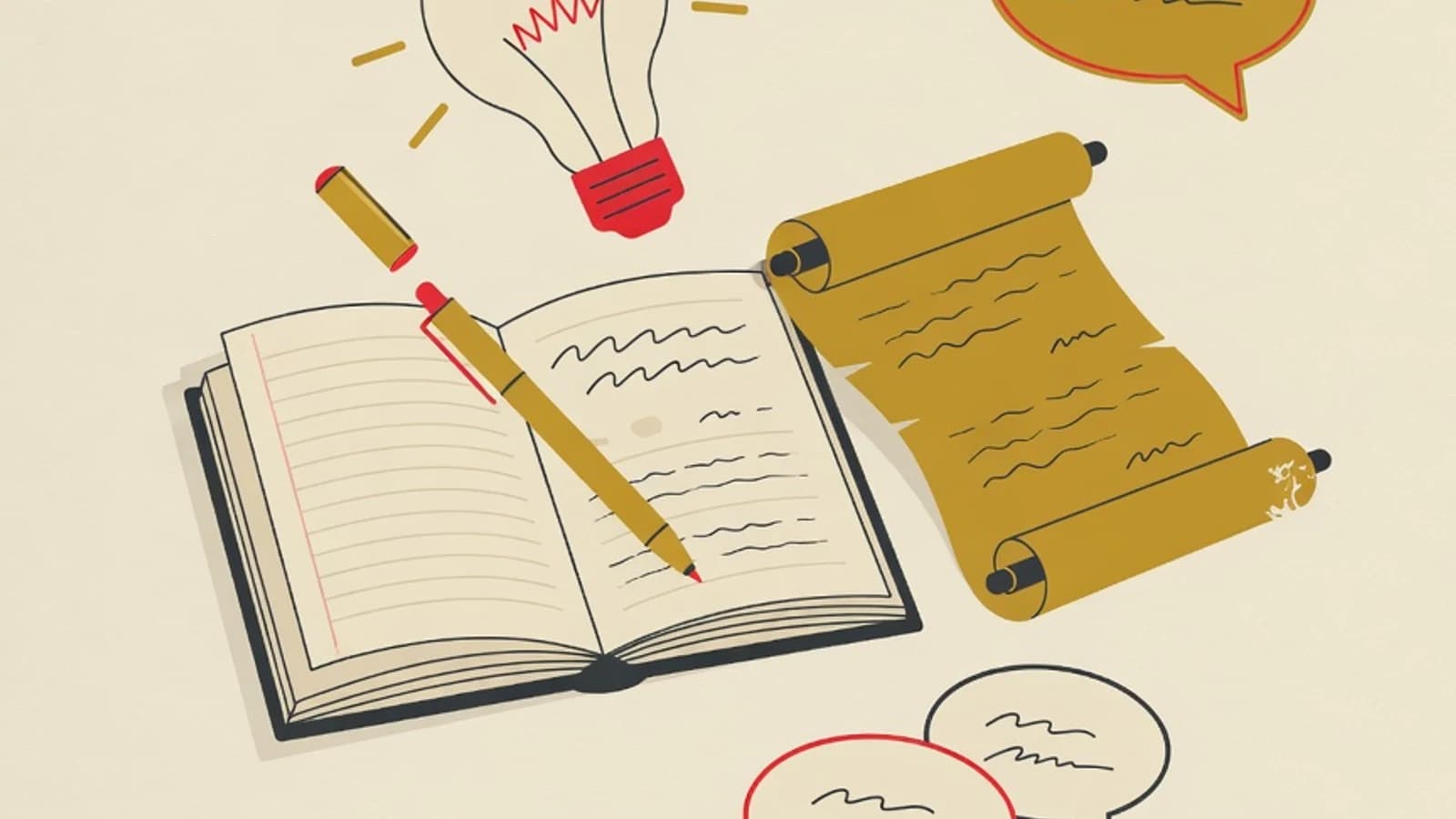 Flat editorial illustration: an open notebook with a pen, a glowing idea lamp, and a scroll of manuscript surrounded by dialogue bubbles