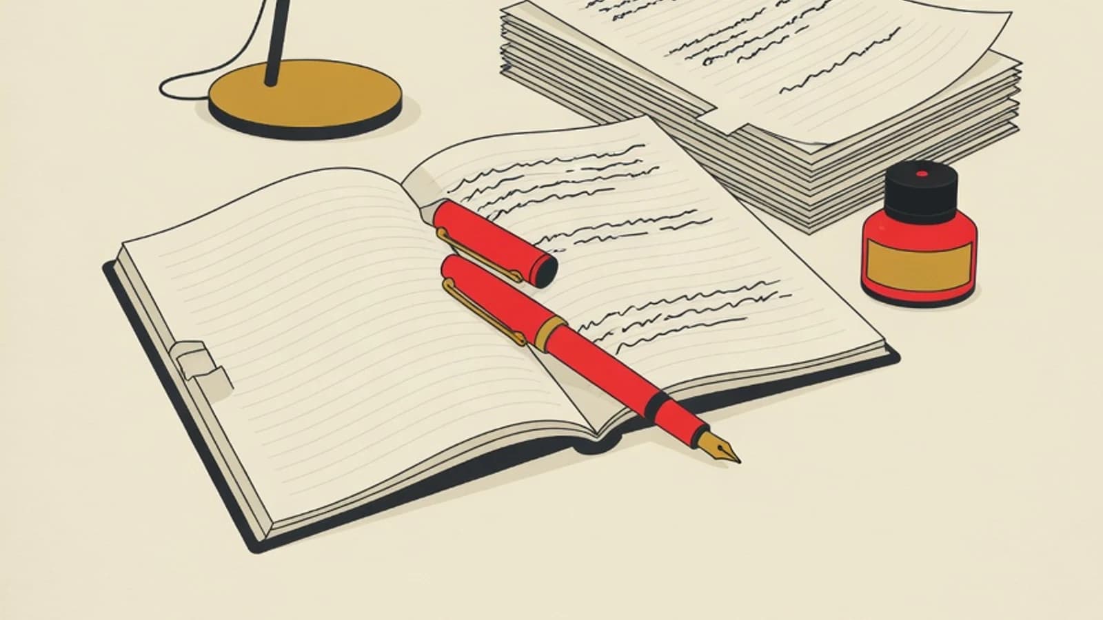 Editorial illustration of an open notebook, a pen, a stack of short story manuscript pages, and an ink bottle in the EduPoint brand palette