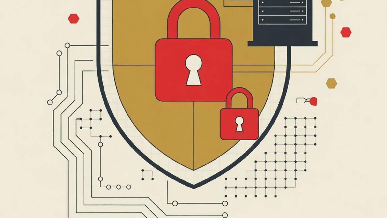 Illustration of a home cyber security lab: a shield, a padlock, and a server rack connected over a network