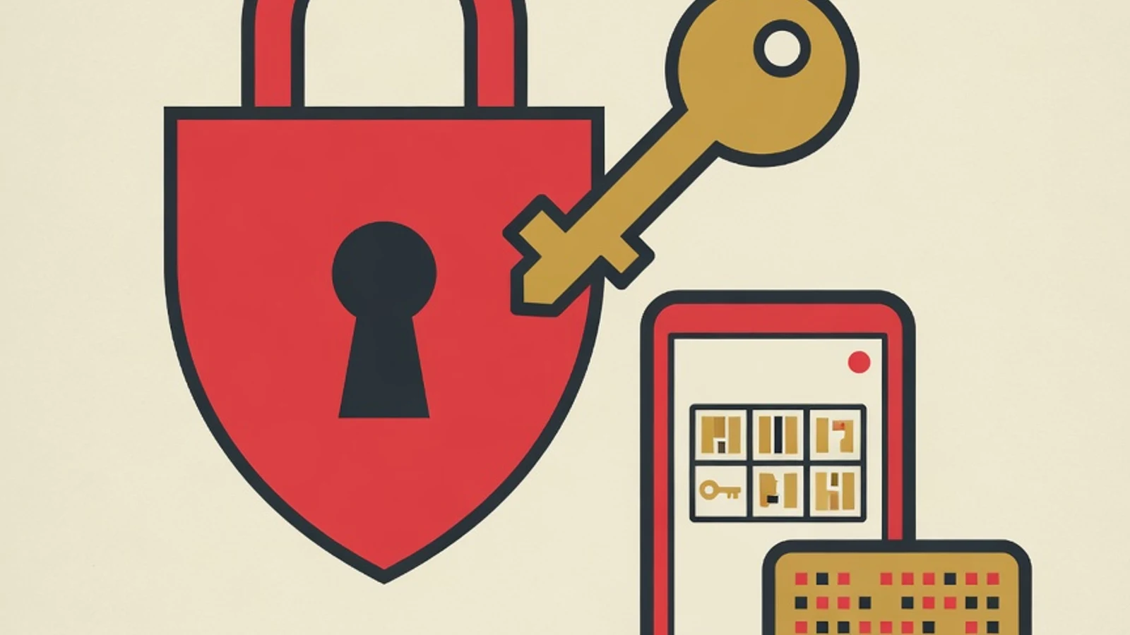 Flat illustration of a padlock shield, a key, a two-factor authentication code token, and a smartphone in the EduPoint brand palette