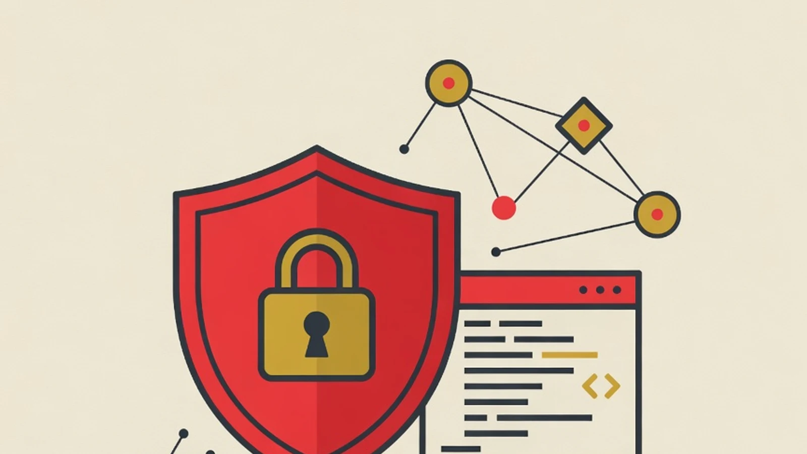 Ilustrasi belajar cyber security: perisai, gembok, jendela terminal, dan simpul jaringan