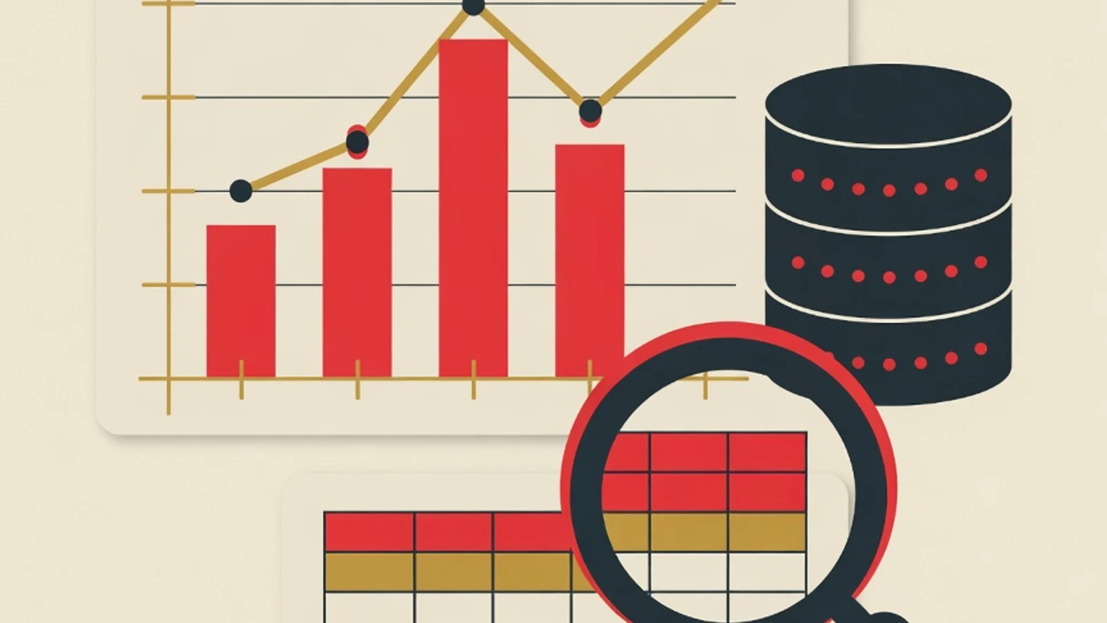 Ilustrasi editorial datar berisi panel dasbor dengan grafik batang dan garis, tabung basis data, kisi lembar kerja, dan kaca pembesar di atas tabel data