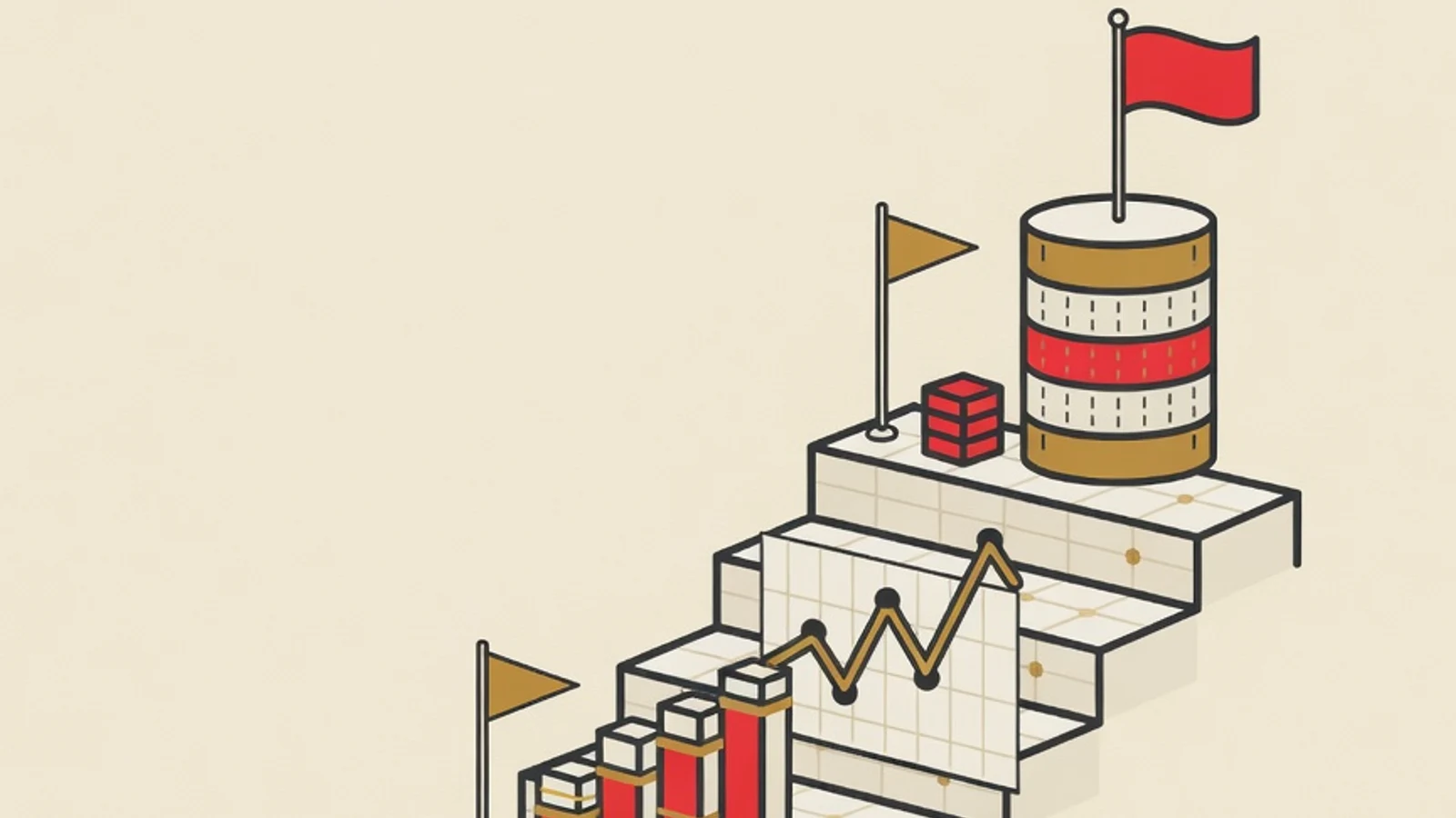Flat vector illustration of an ascending data staircase with a bar chart, line chart, and milestone flags marking the five phases of learning data analyst skills