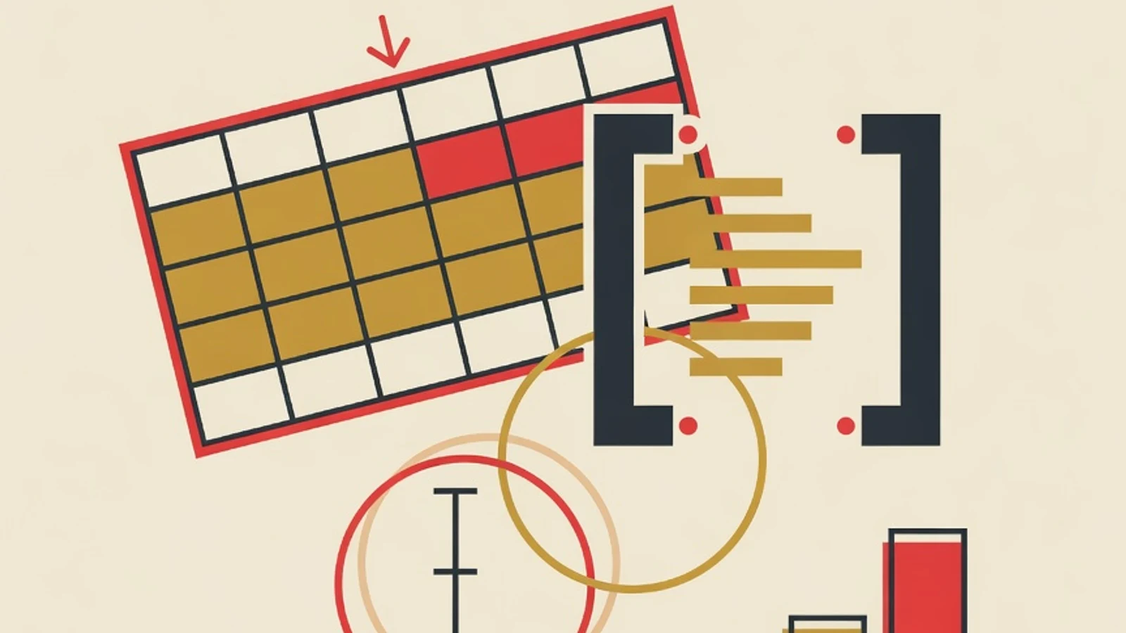 Ilustrasi editorial datar bertema data: kisi tabel database, tanda kurung query SQL, cincin penghubung JOIN, dan diagram batang terurut dengan palet merah, mustard, dan tinta.