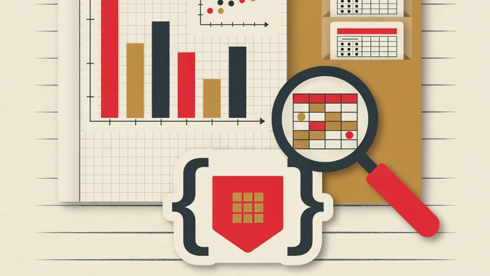 Flat editorial illustration of a bar chart and scatter plot on a notebook page, a data project folder, a code bracket badge, and a magnifying glass over a data table