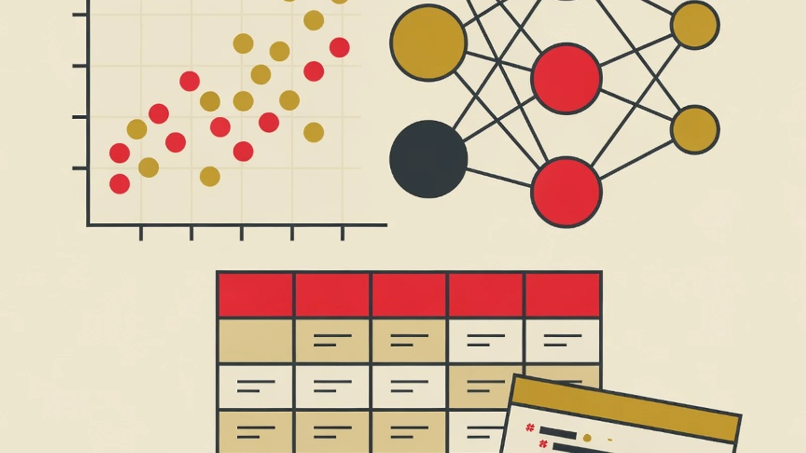 Flat illustration of learning data science: scatter plot, neural network nodes, dataframe table, and a Python code snippet