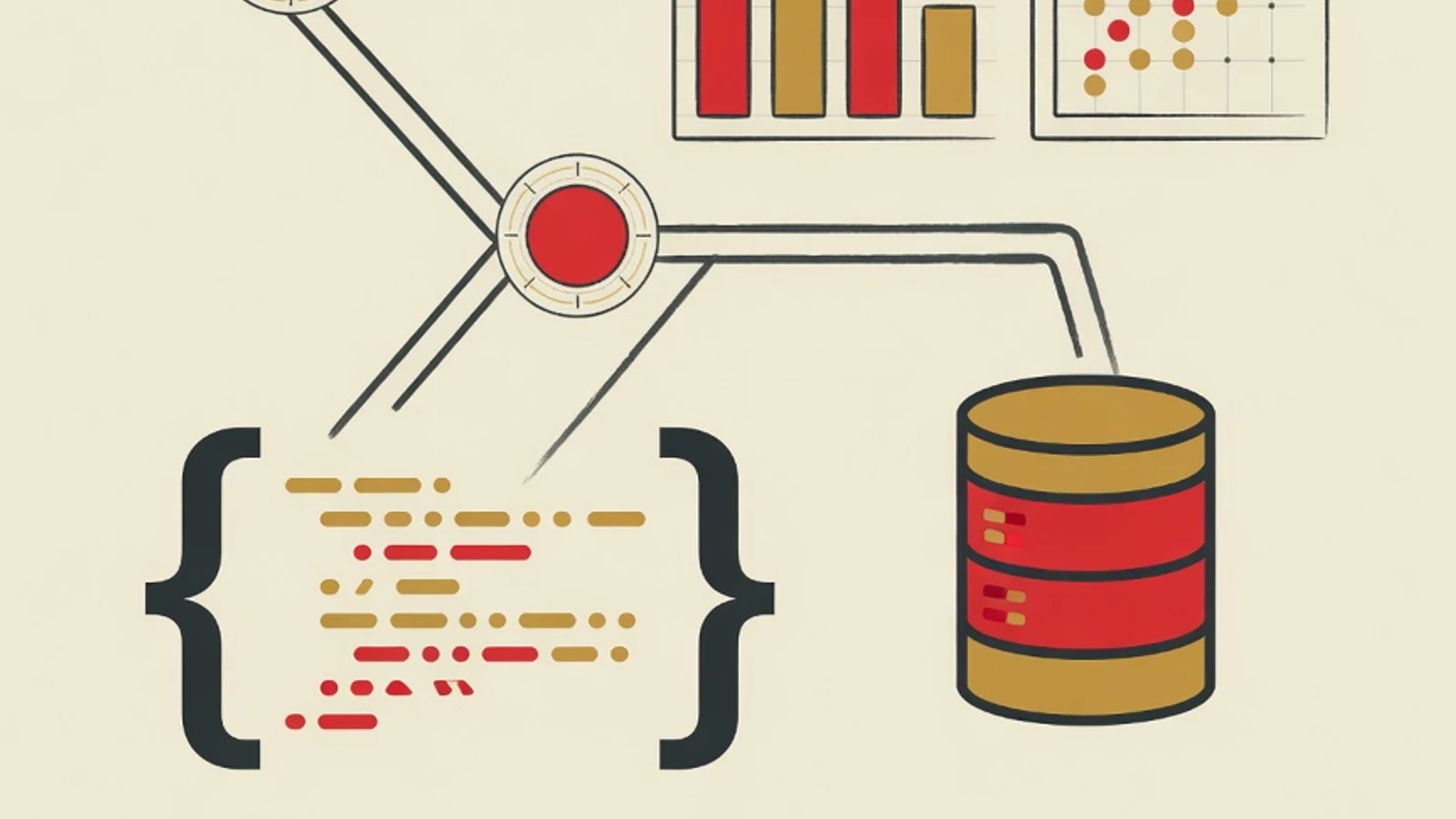 Ilustrasi jalur roadmap bertahap dengan penanda milestone, diagram batang dan sebar data, tabung basis data, serta tanda kurung kode, dalam gaya vektor editorial brand EduPoint