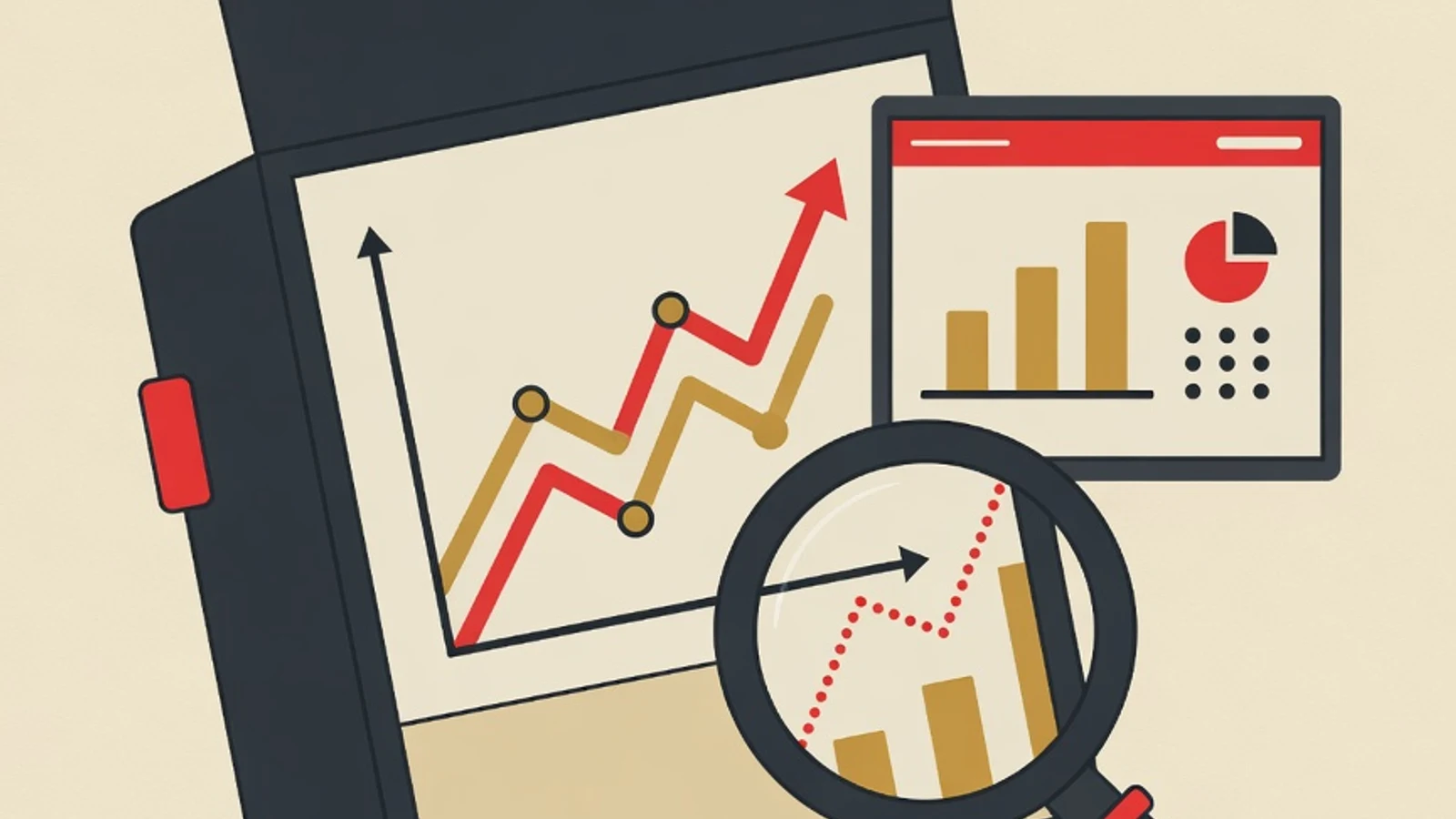 Flat illustration of an open portfolio folder with campaign charts, an analytics dashboard, and case study cards in EduPoint red and mustard palette