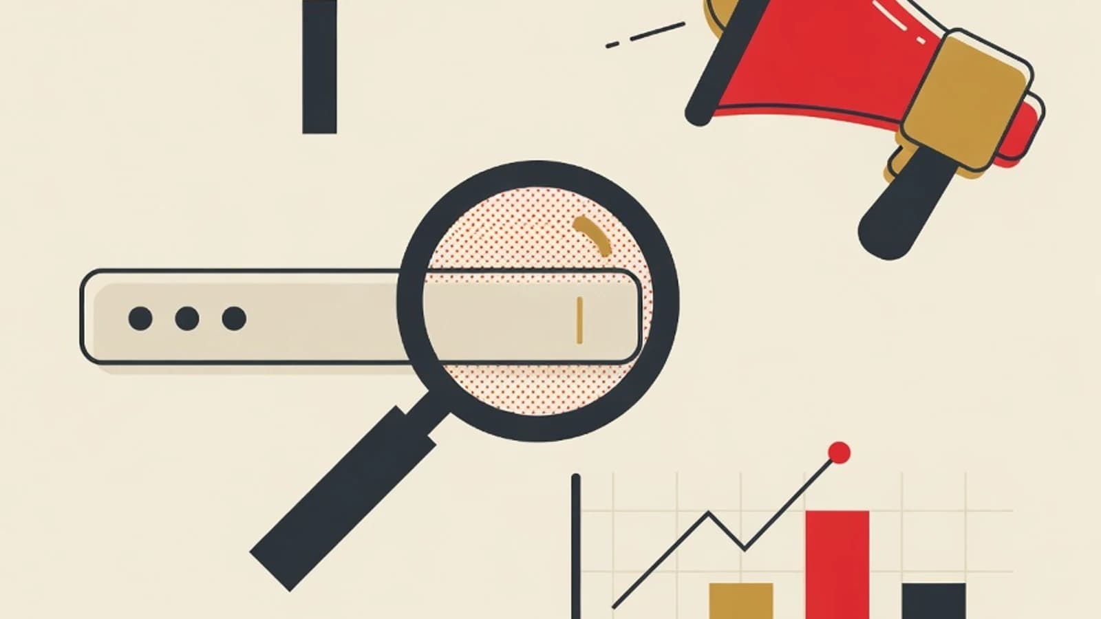Ilustrasi datar empat simbol jalur digital marketing: kaca pembesar di atas kolom pencarian untuk SEO, megafon untuk iklan, dan grafik batang naik untuk analitik, dalam palet merah dan kuning khas EduPoint