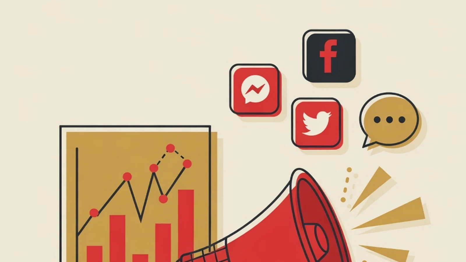 Flat illustration of digital marketing: an analytics dashboard, social media icons, a funnel diagram, and a megaphone